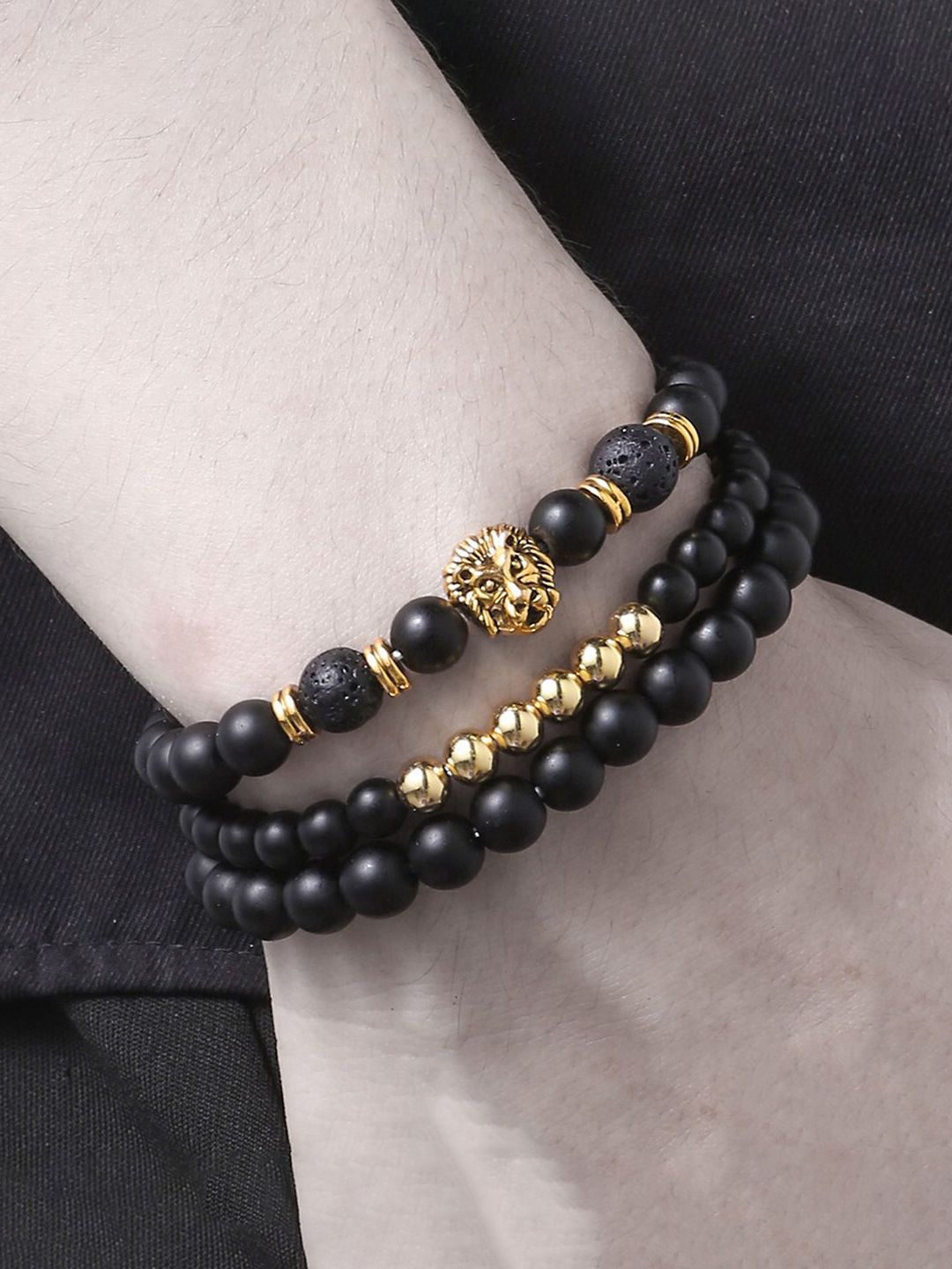 

Jewels Galaxy Men Set Of 3 Gold-Plated Beaded Elasticated Bracelets, Black