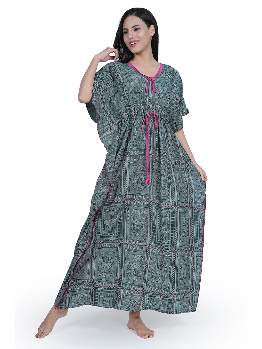 

Noty Women Printed Maxi Kaftan Nightdress, Green