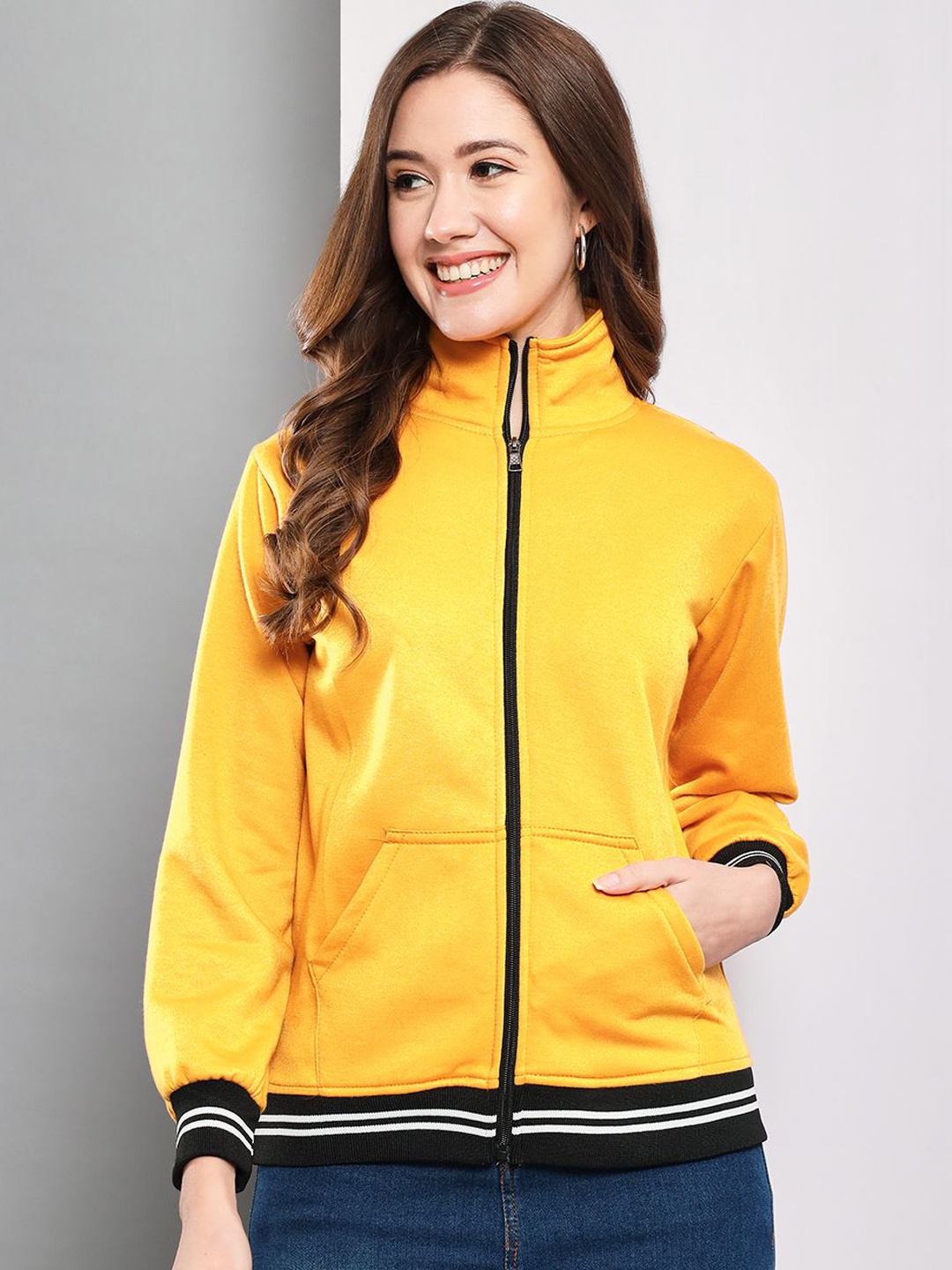 

Funday Fashion Women Mock Collar Solid Fleece Casual Bomber Jacket, Yellow