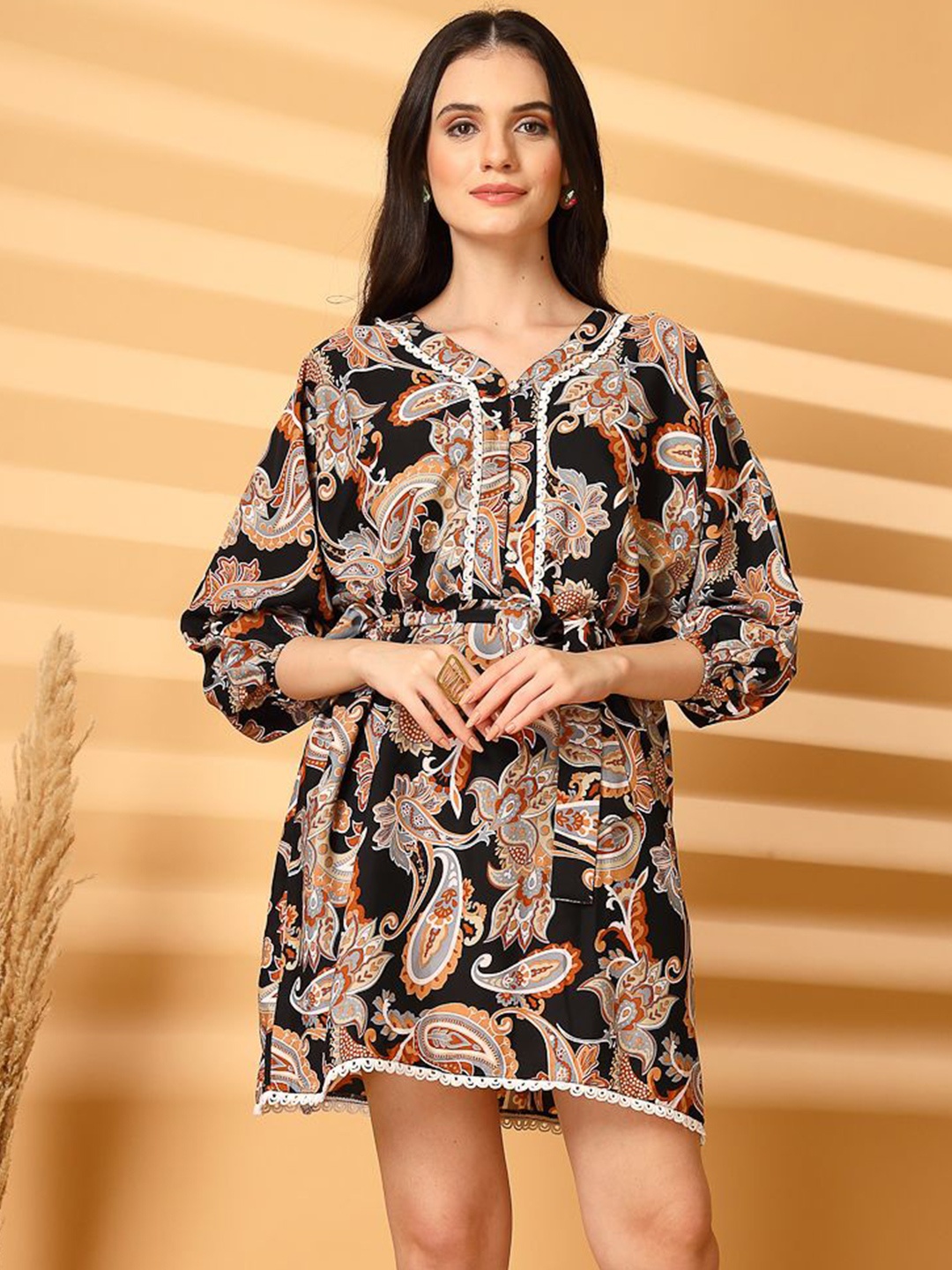 

aayu Women Printed Crepe Kaftan Dress, Black