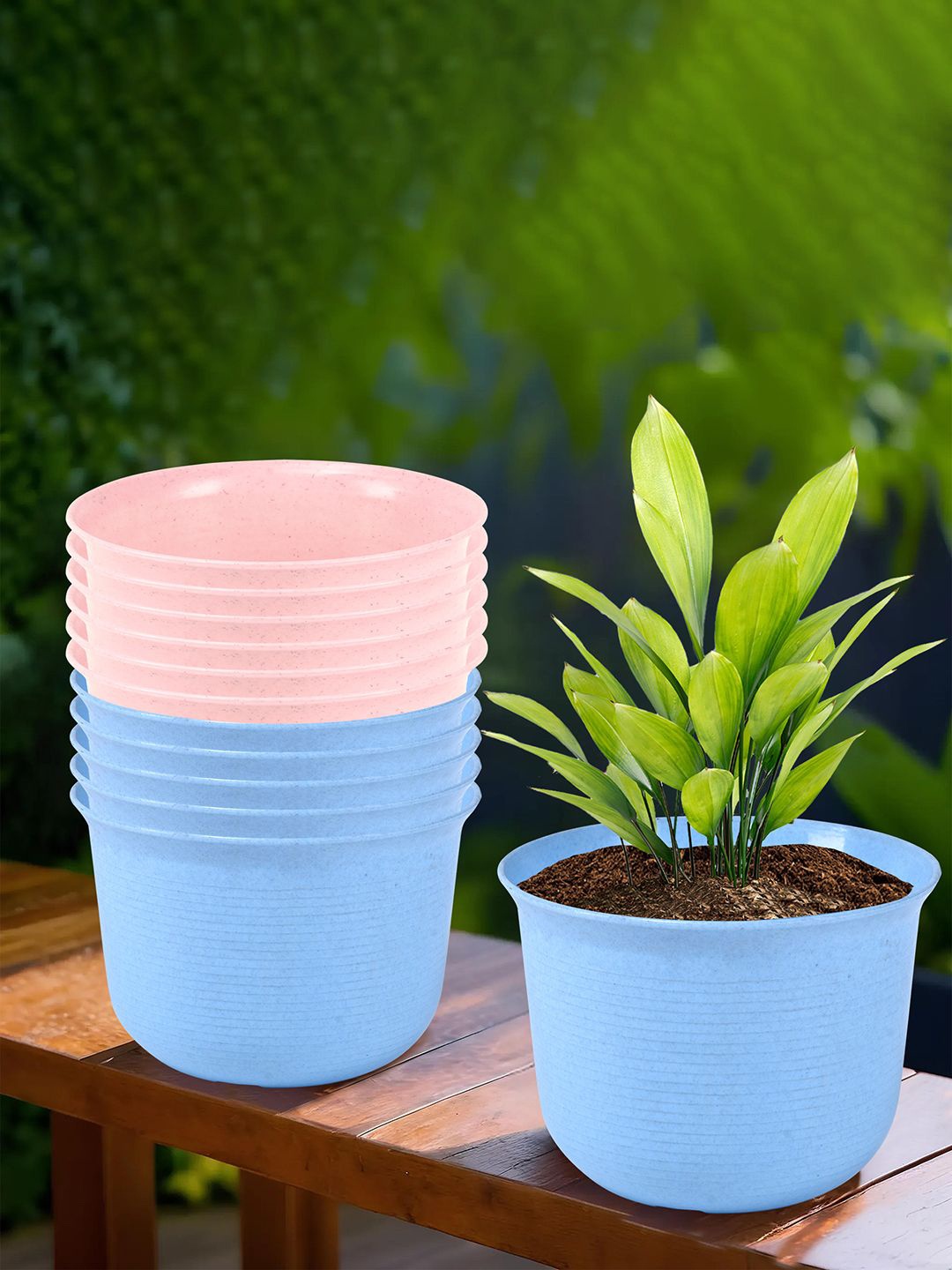 

Kuber Industries Blue & Pink 12 Pieces Textured Planters With Plate