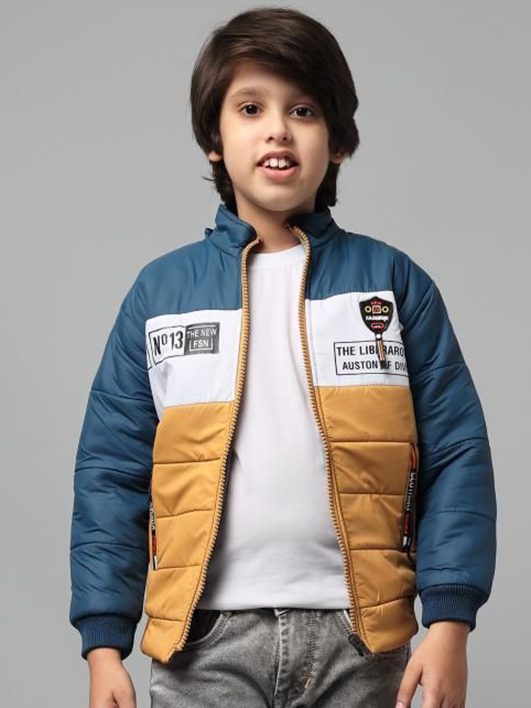 

Anixa Boys Mock Collar Colourblocked Casual Padded Jacket, Mustard