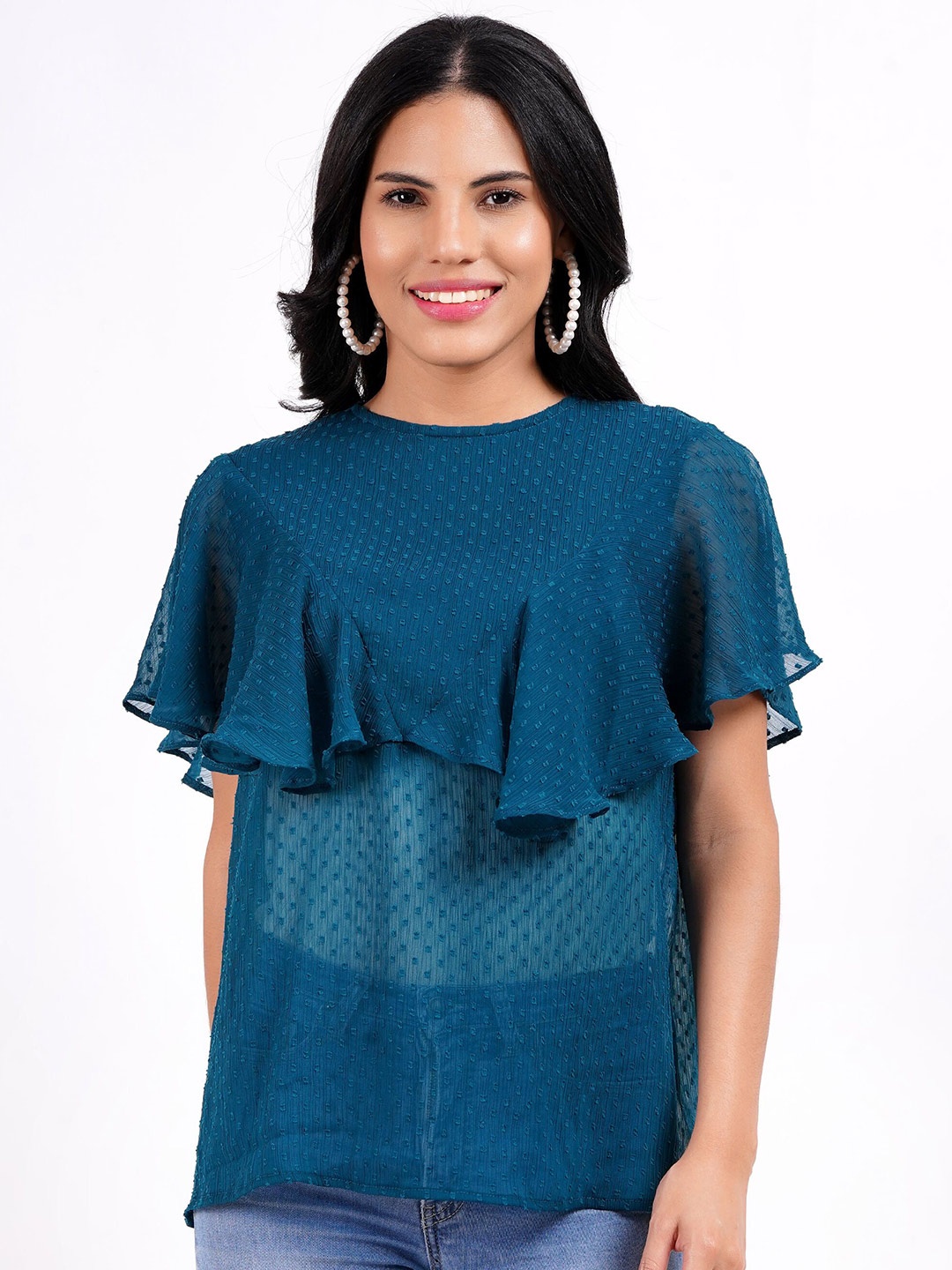 

MINGLAY Women Self Design Ruffle Top, Teal