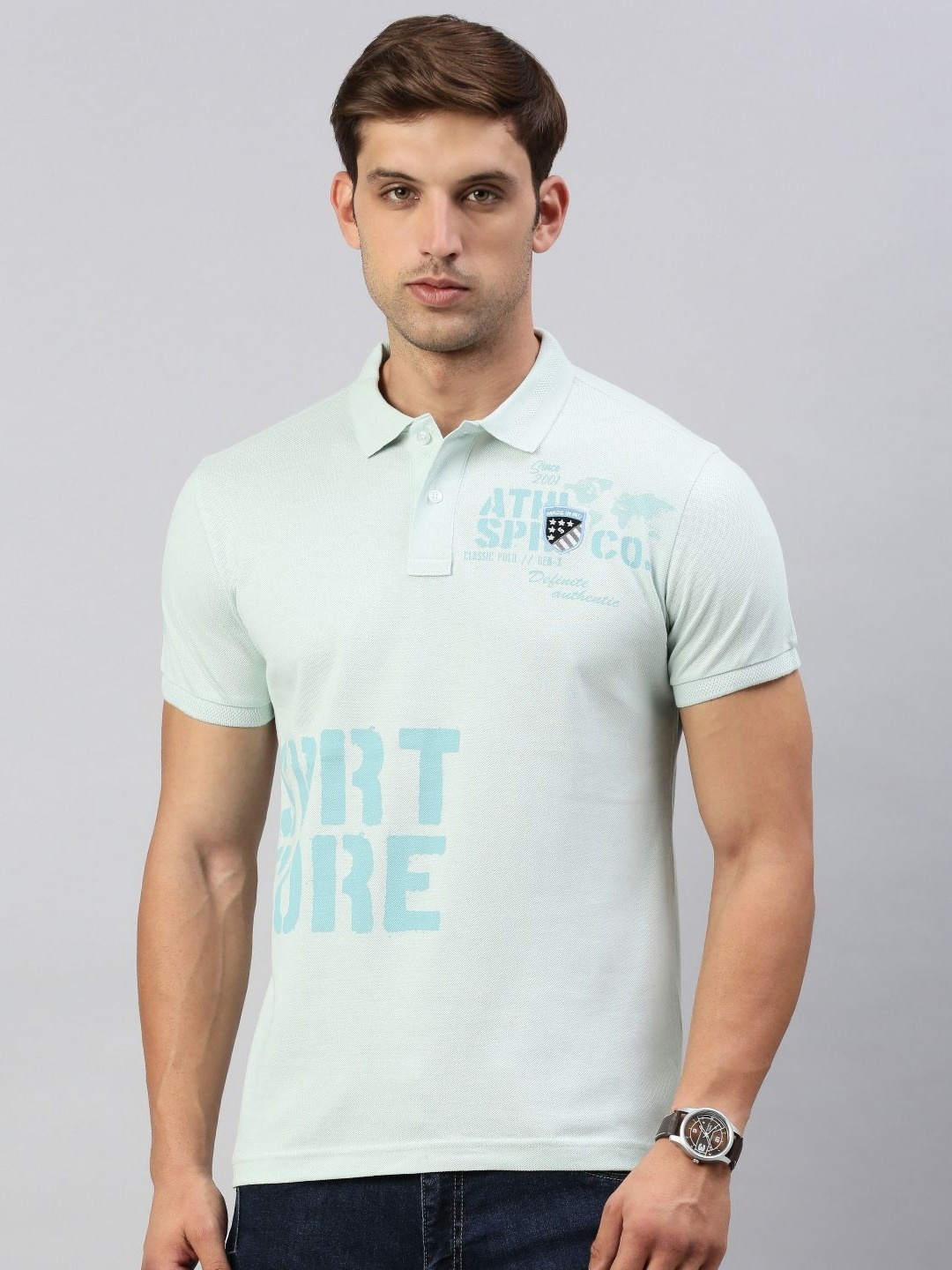 

Classic Polo Men Typography Printed Polo Collar Cotton T-shirt, Sea green