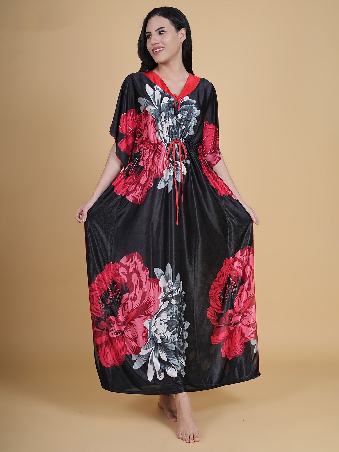 

Noty Women Floral Printed Maxi Kaftan Nightdress, Black