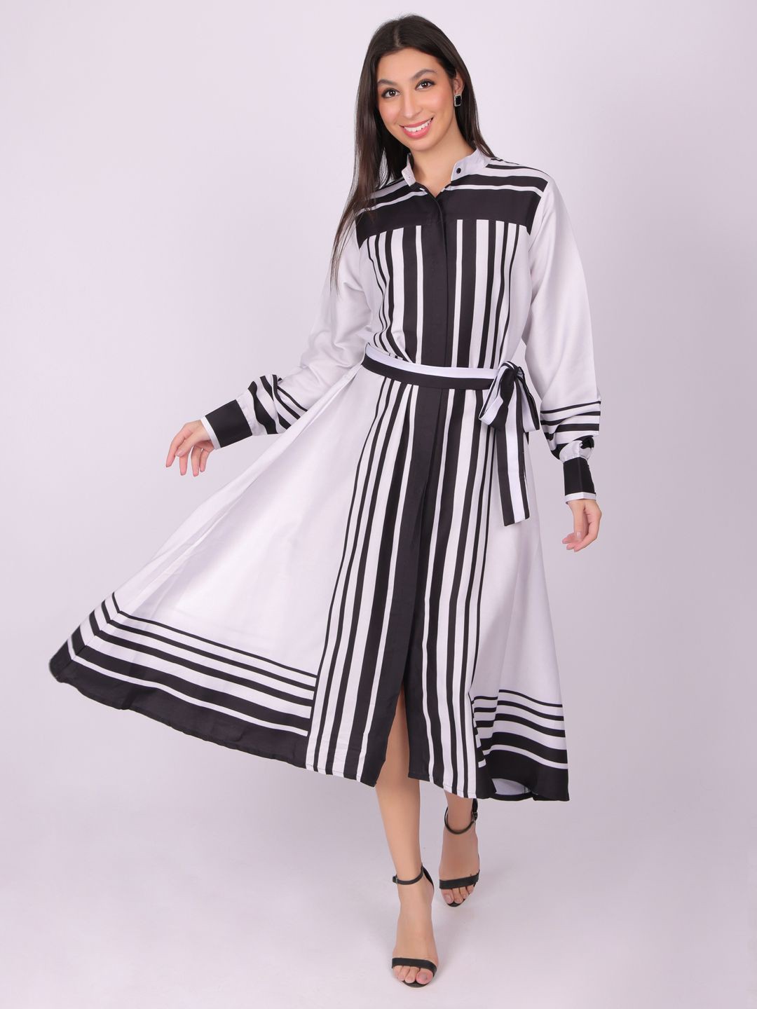 

Navvi Women Striped Printed Long Sleeves A-Line Midi Dress, White