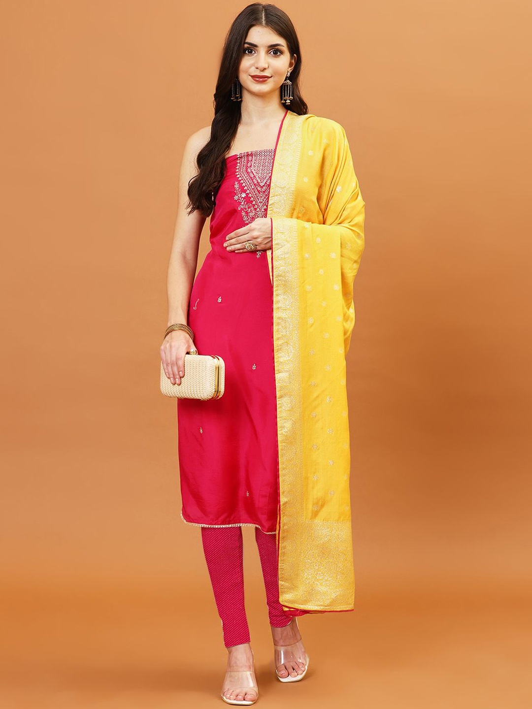 

Meena Bazaar Sequin Embroidered Art Silk Unstitched Dress Material, Pink