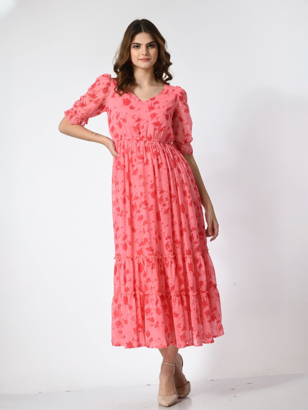 

Fuchsia Women Floral Printed Puff Sleeve Empire Midi Dress, Pink