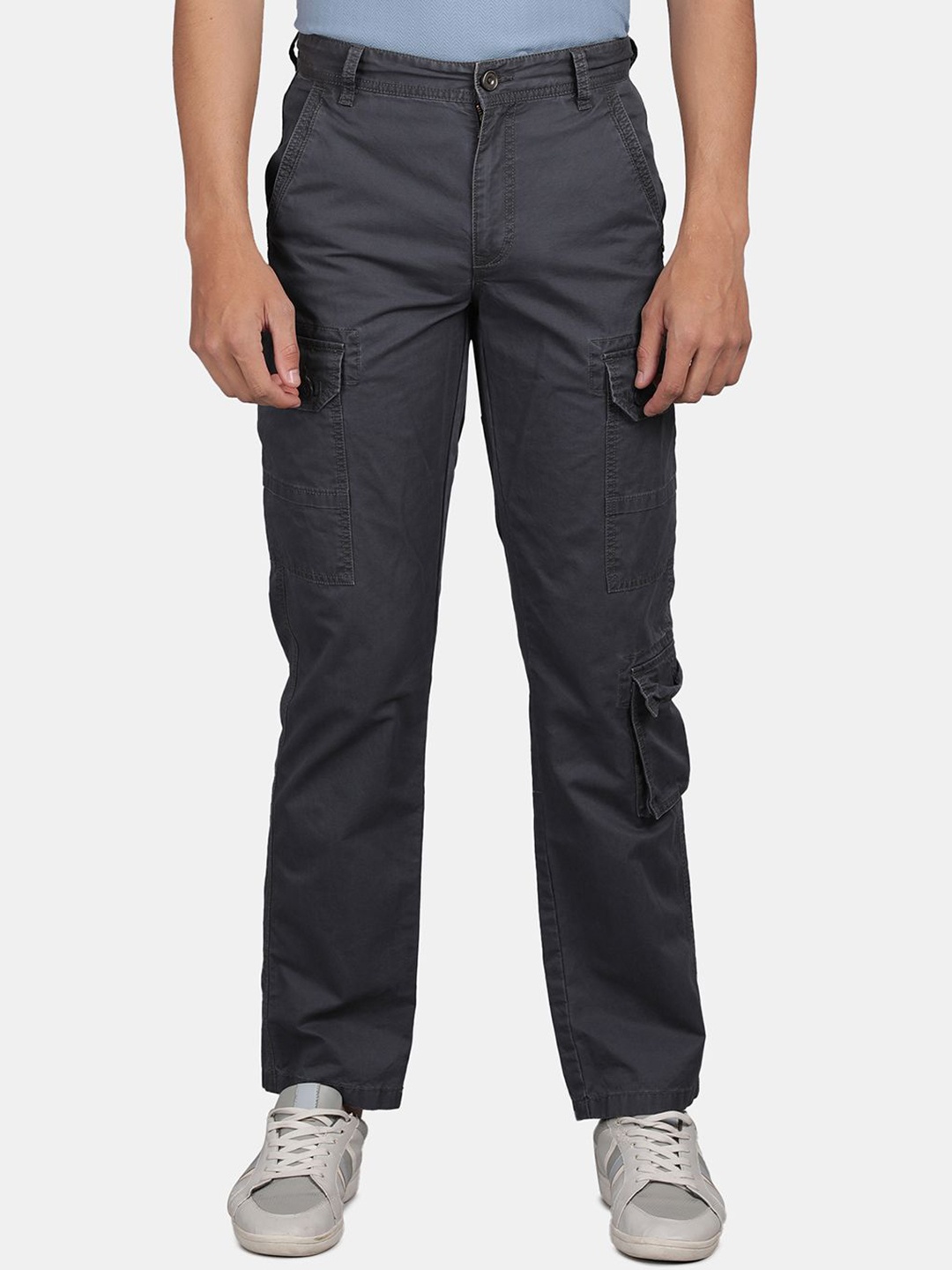 

t-base Men Regular Fit Mid-Rise Cotton Cargos Trousers, Grey