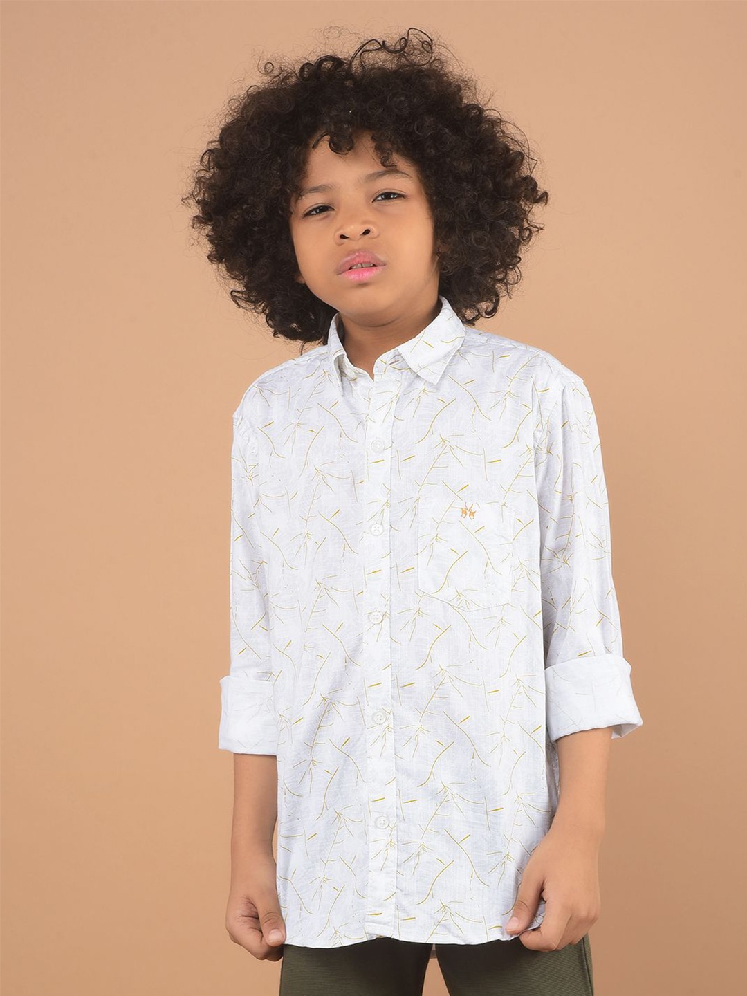 

Crimsoune Club Boys Classic Spread Collar Abstract Printed Cotton Slim Fit Casual Shirt, White