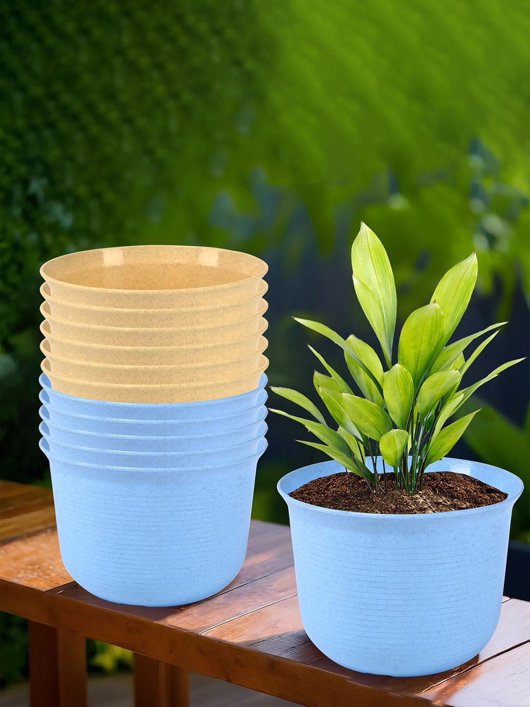 

Kuber Industries Blue & Beige 12 Pieces Textured Planters With Plate
