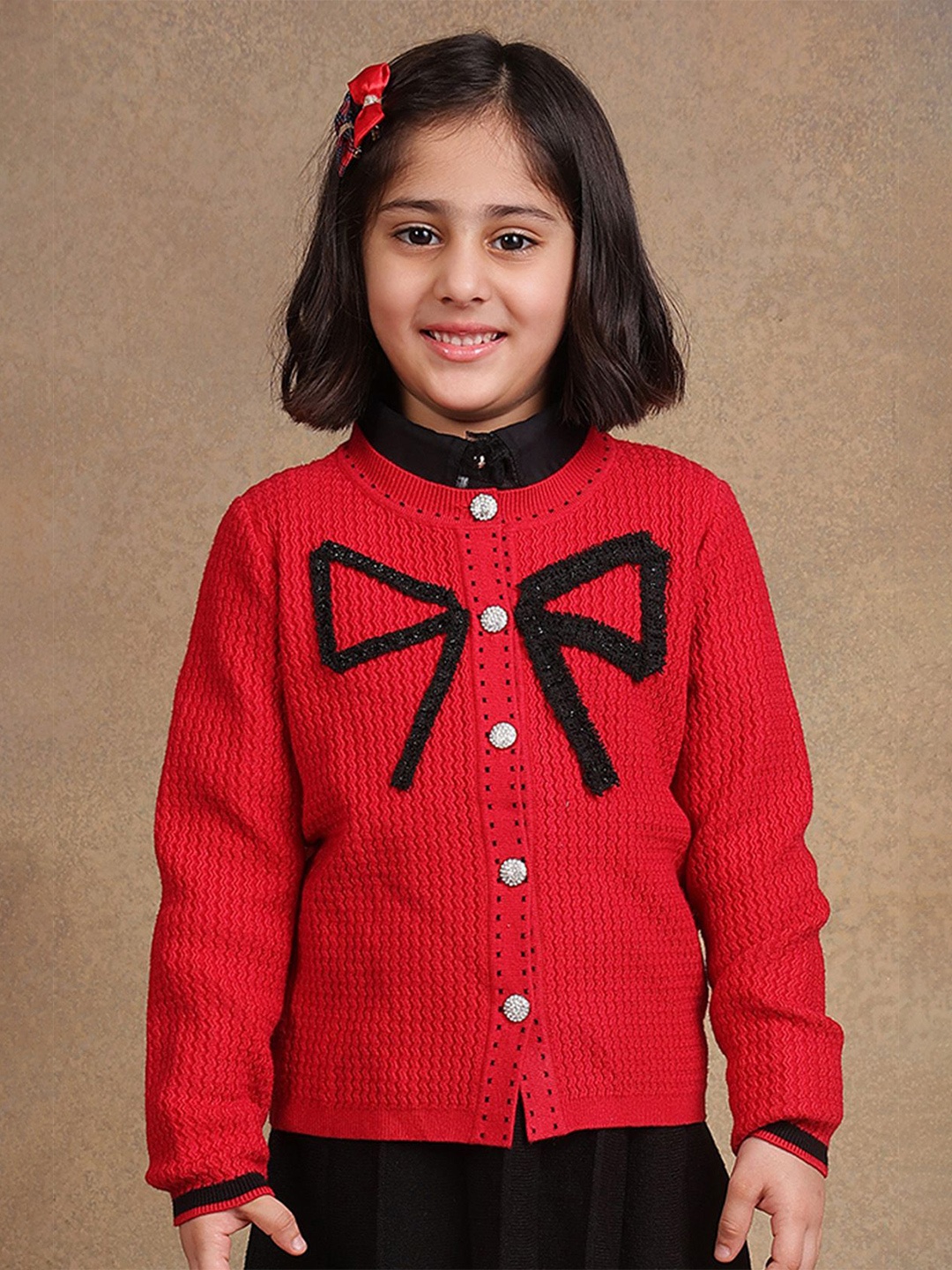 

One Friday Girls Self Design Front-Open Sweaters, Red