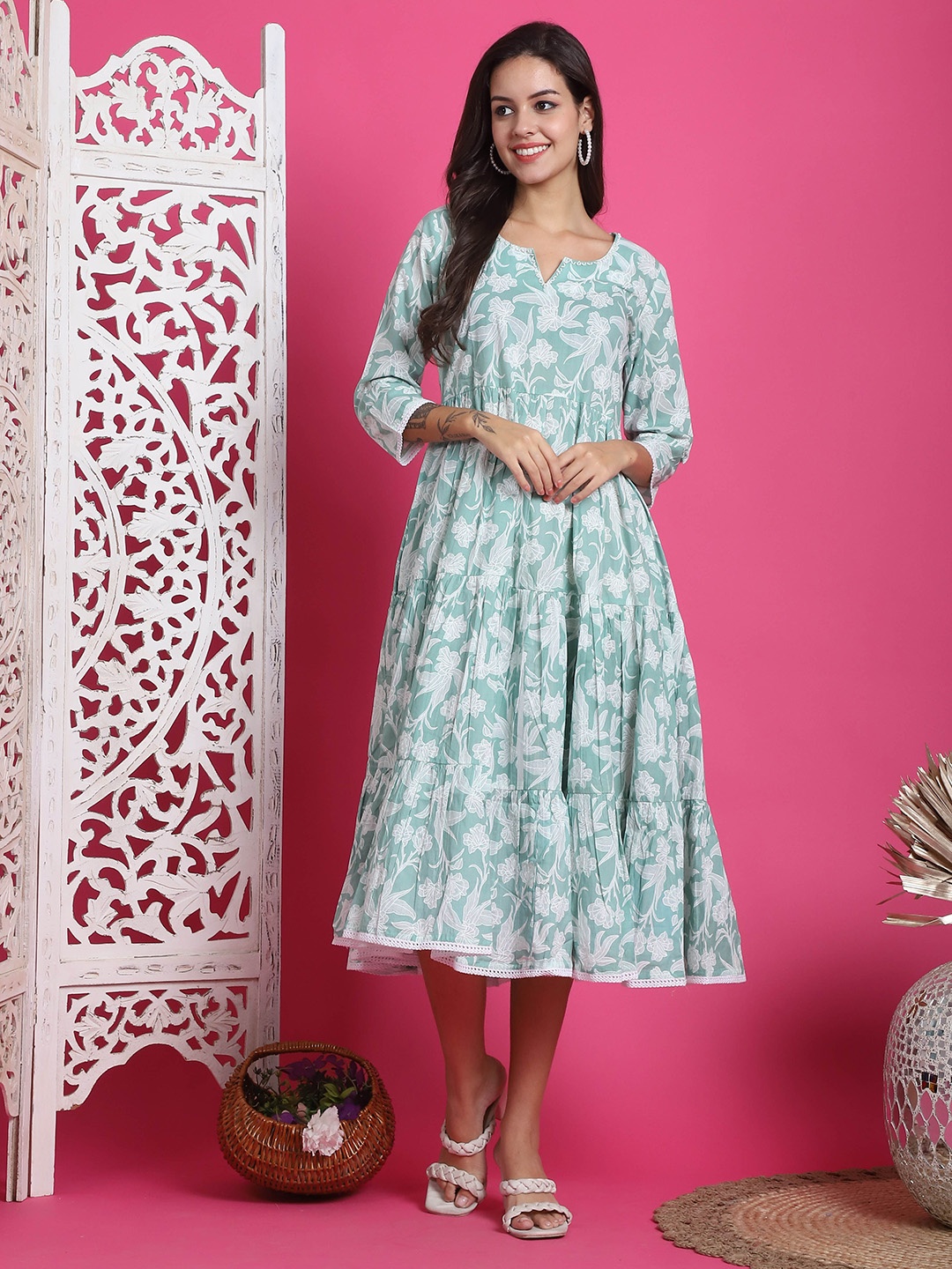 

Roly Poly Floral Printed Cotton Fit & Flare Dress, Sea green