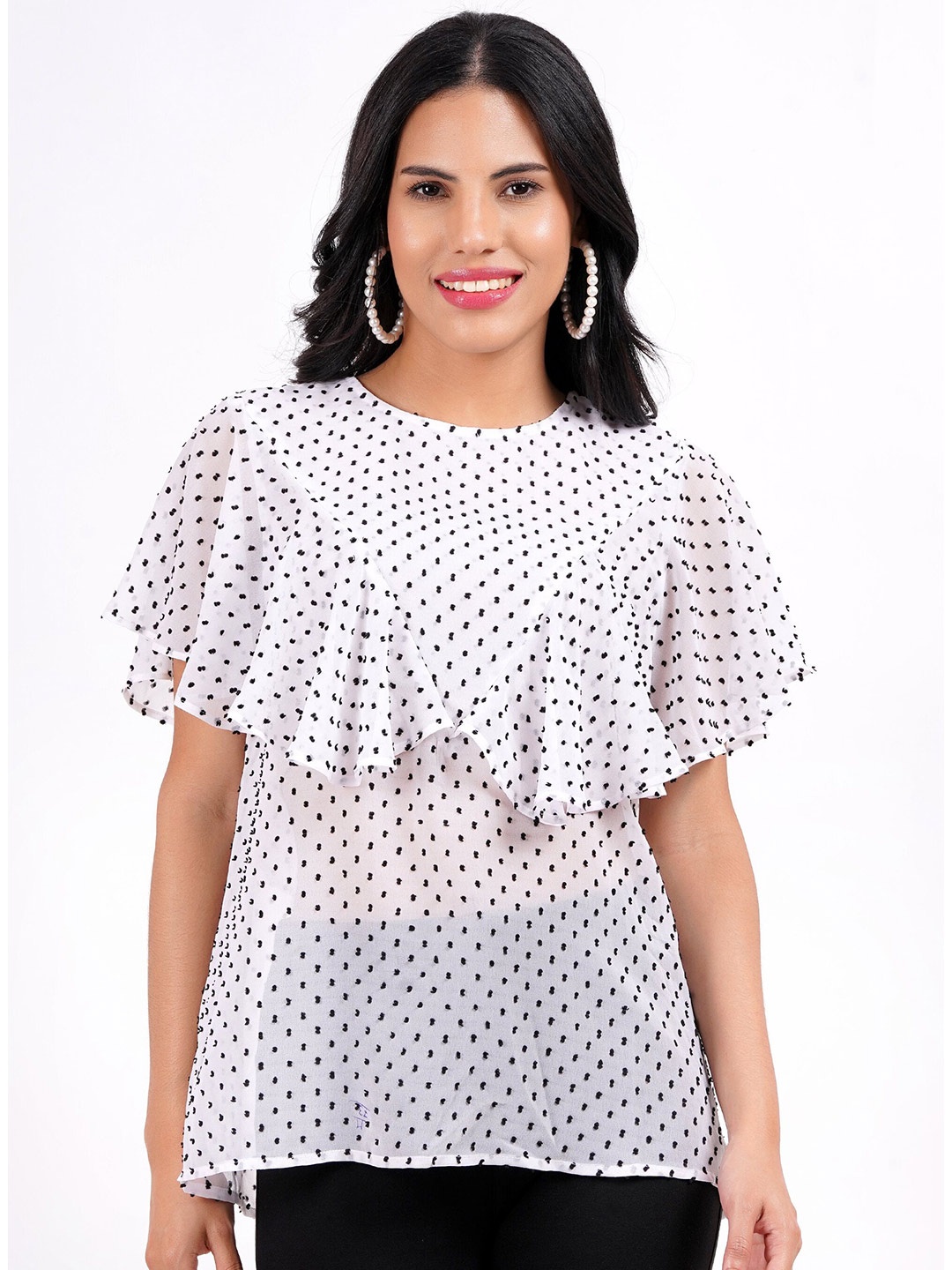 

MINGLAY Women Polka Dot Printed Round Neck Cape Sleeves Top, White