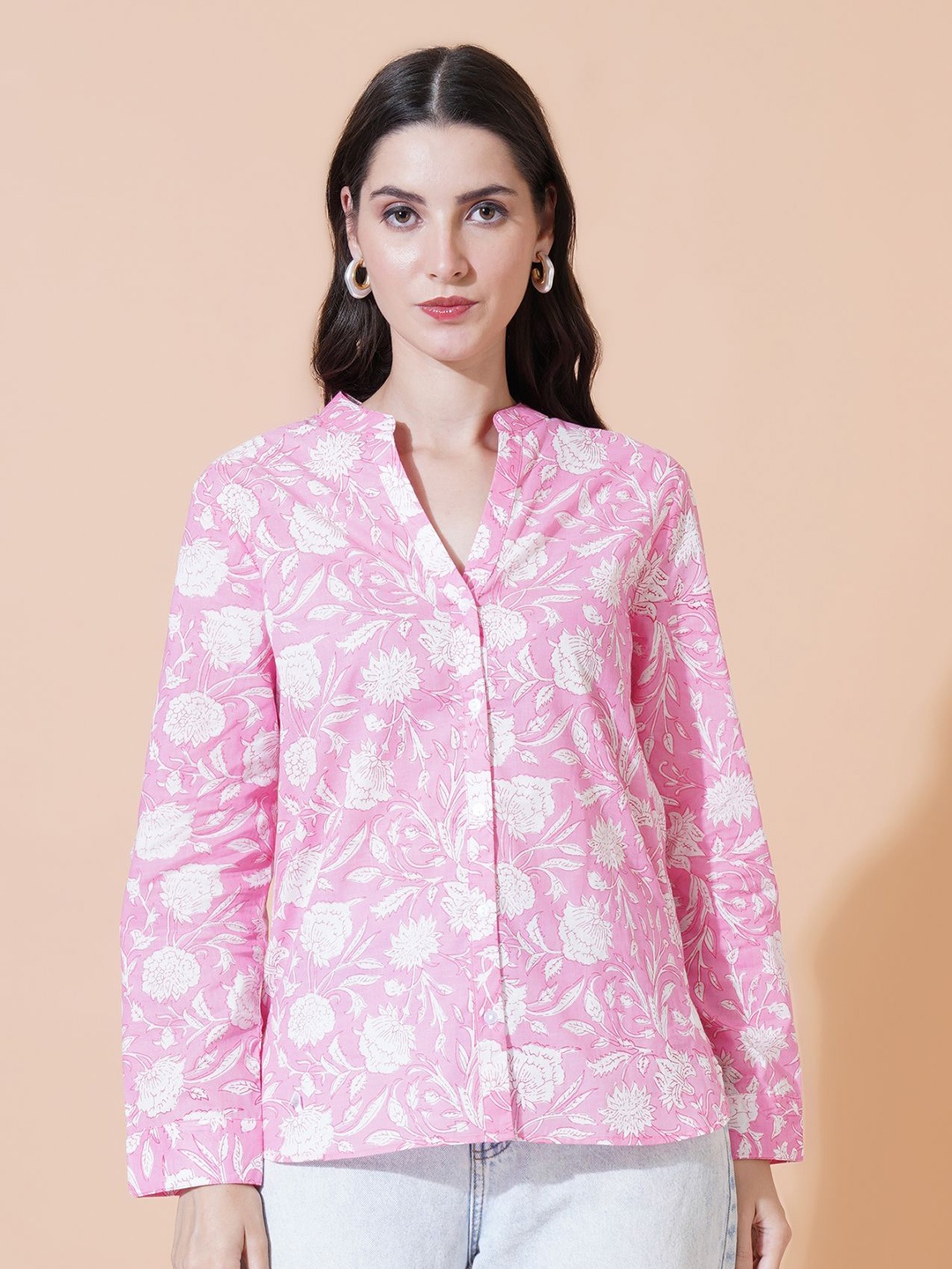 

Mast & Harbour Women Floral Printed Mandarin Collar Cotton Shirt Style Top, Pink