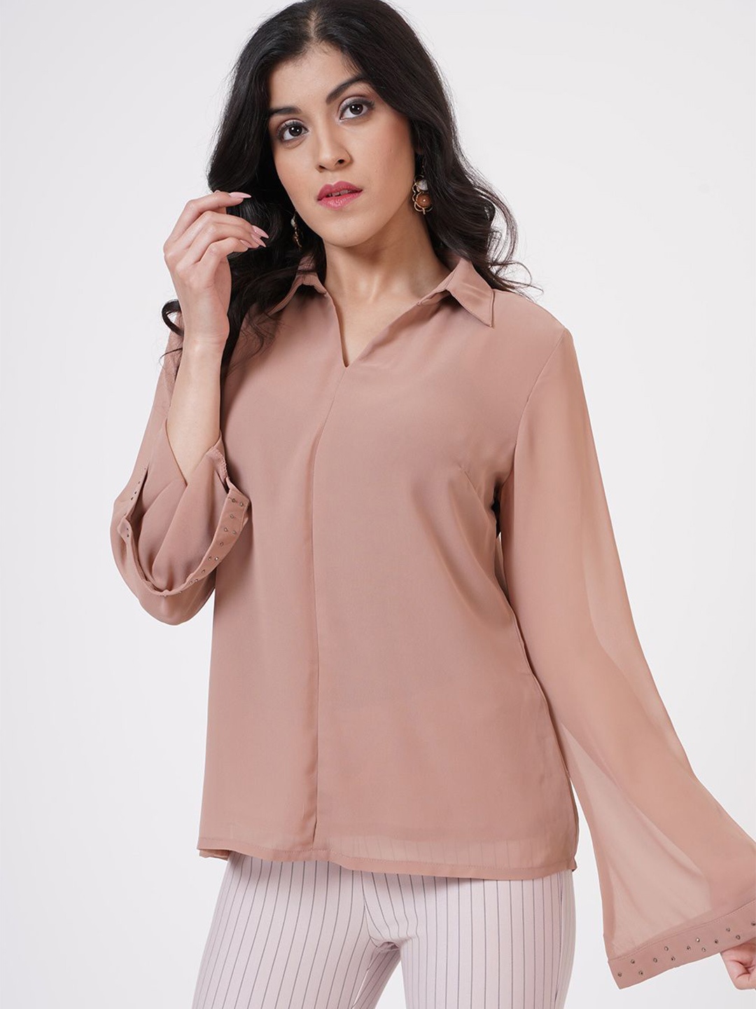 

SHECZZAR Bell Sleeve Georgette Shirt Style Top, Brown