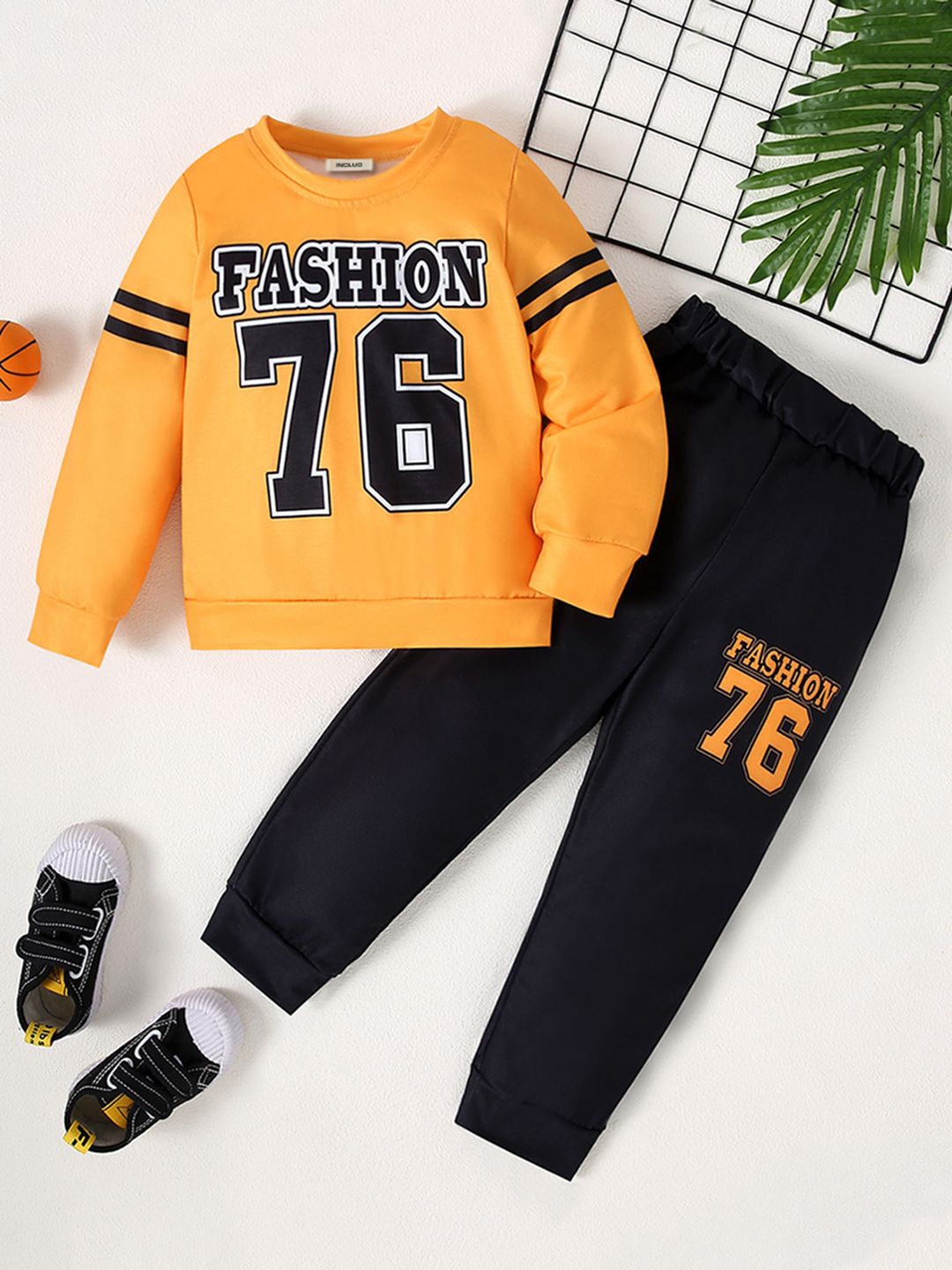 

INCLUD Boys Round Neck Printed Sweatshirt with Joggers, Yellow