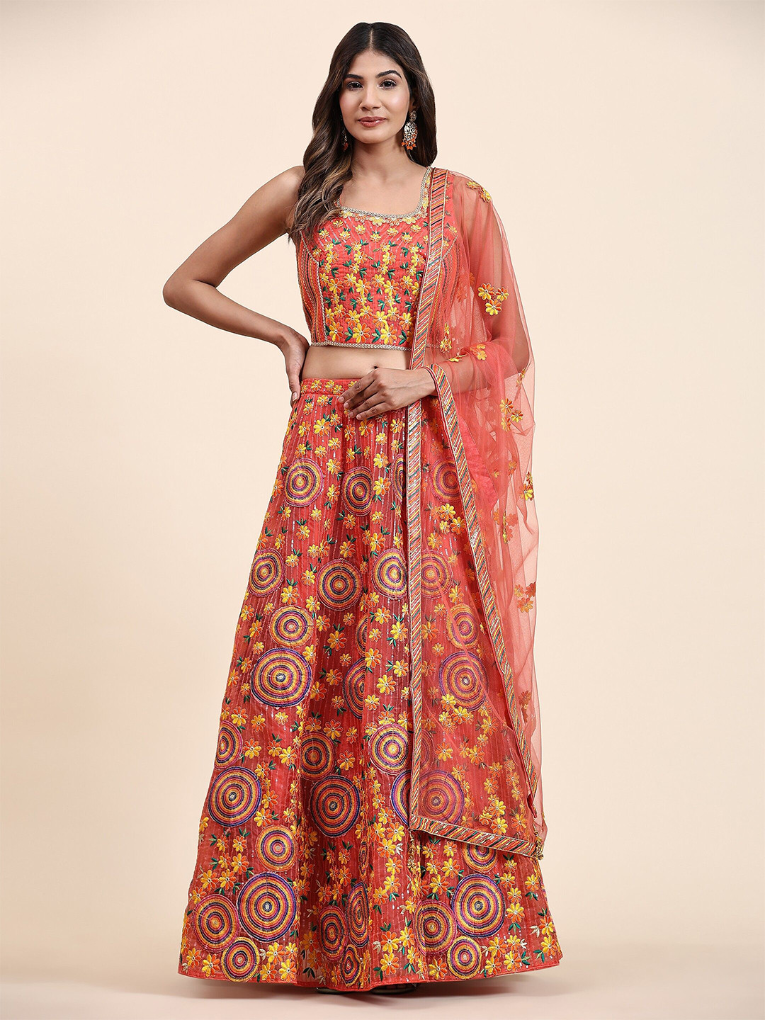 

VANAKARA Embroidered Sequinned Ready to Wear Lehenga & Blouse With Dupatta, Orange