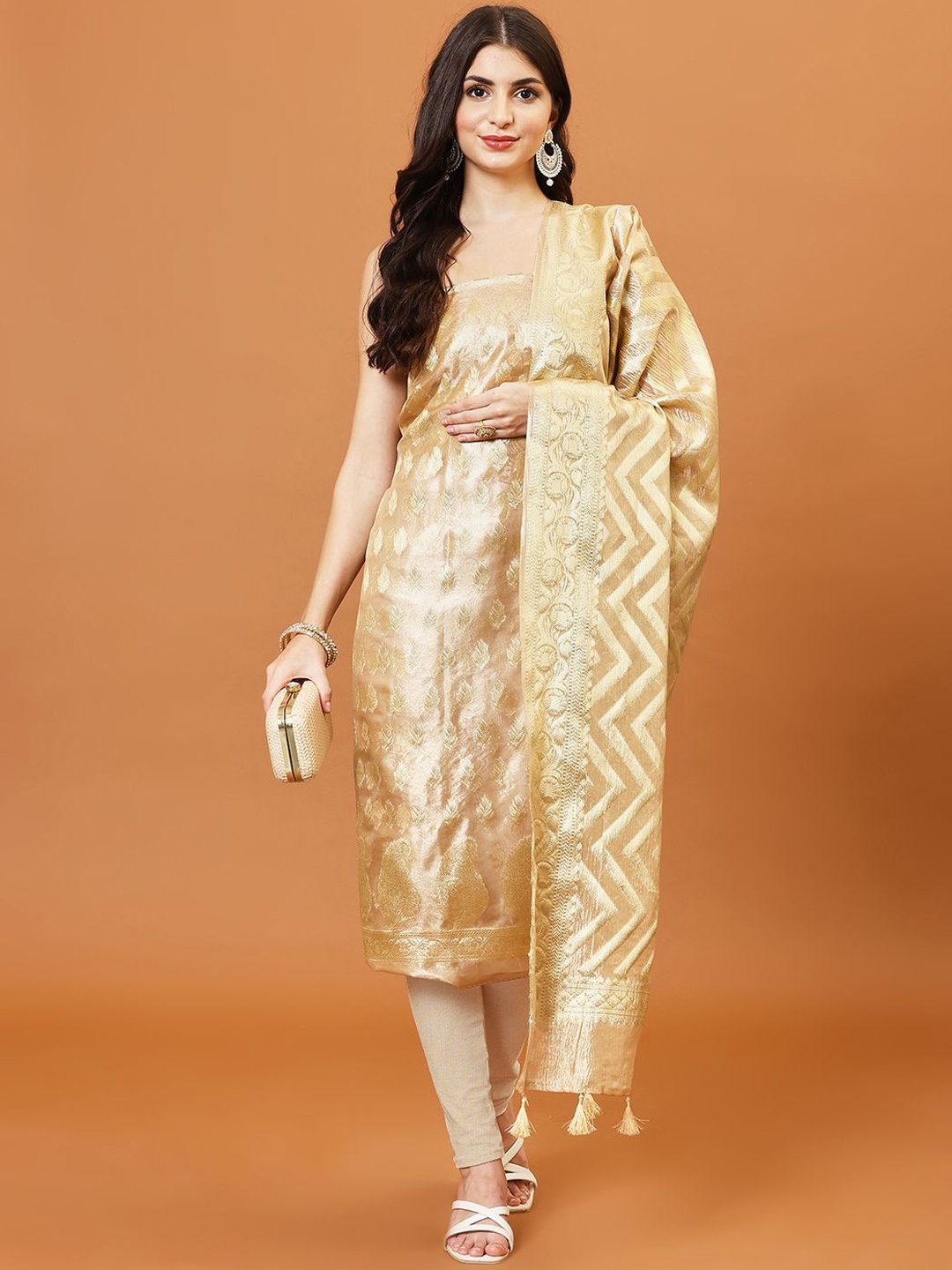 

Meena Bazaar Floral Woven Design Zari Unstitched Dress Material, Gold
