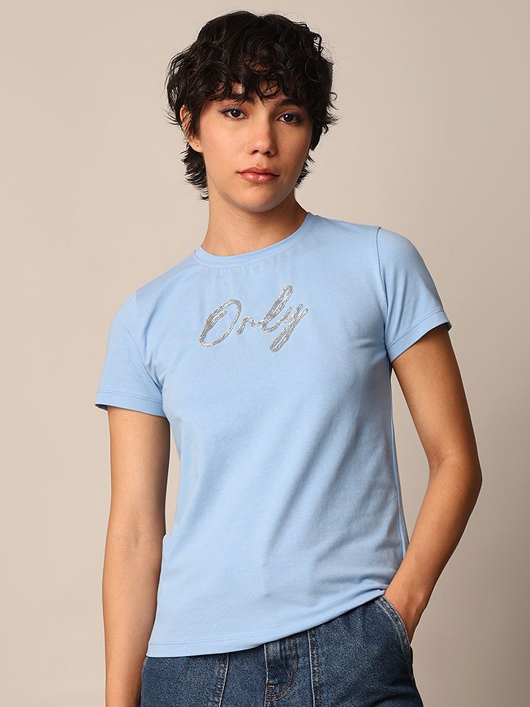 

ONLY Women Solid Round Neck Cotton T-shirt, Blue