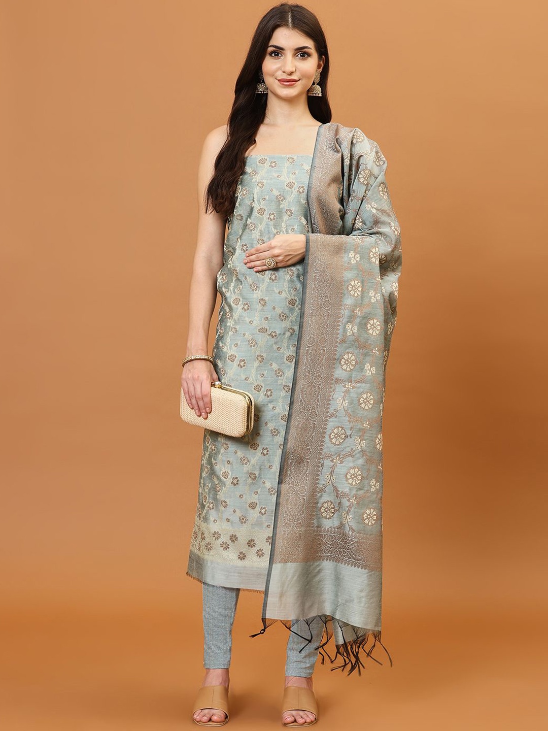 

Meena Bazaar Woven Design Art Silk Unstitched Dress Material, Sea green
