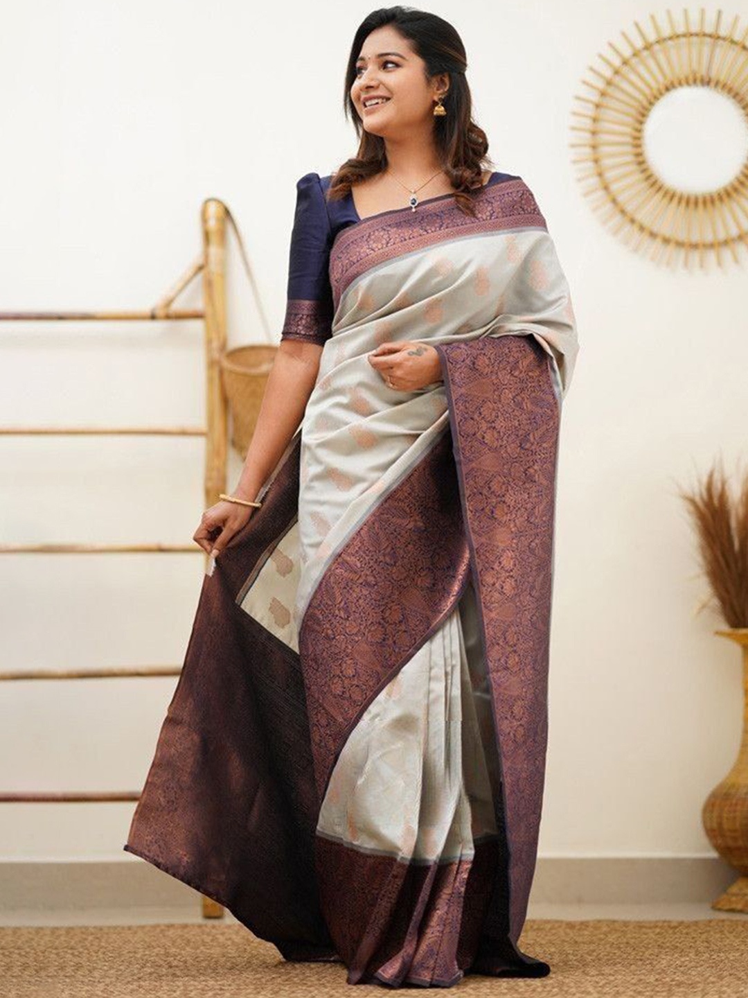 

Visit Wear Woven Design Zari Pure Silk Banarasi Saree, Grey