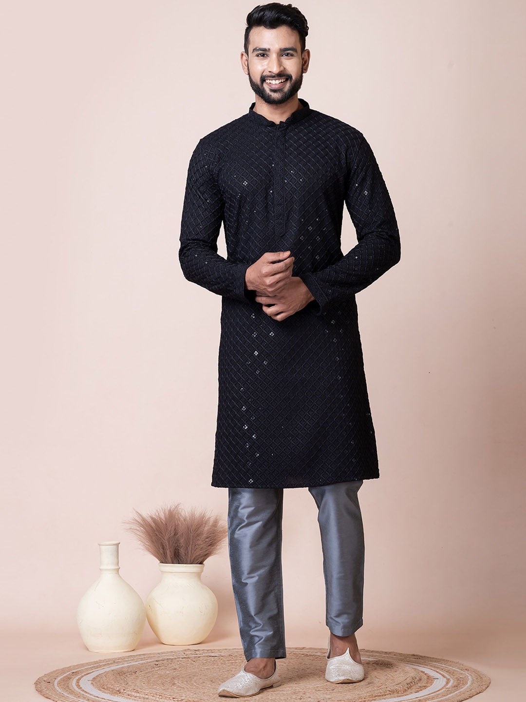 

HERE&NOW Black Mandarin Collar Woven Design Chikankari Cotton Straight Kurta