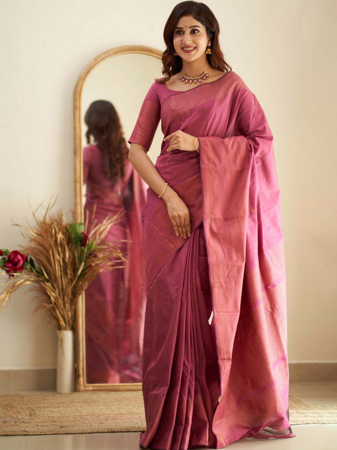 

Visit Wear Woven Design Zari Pure Silk Banarasi Saree, Pink