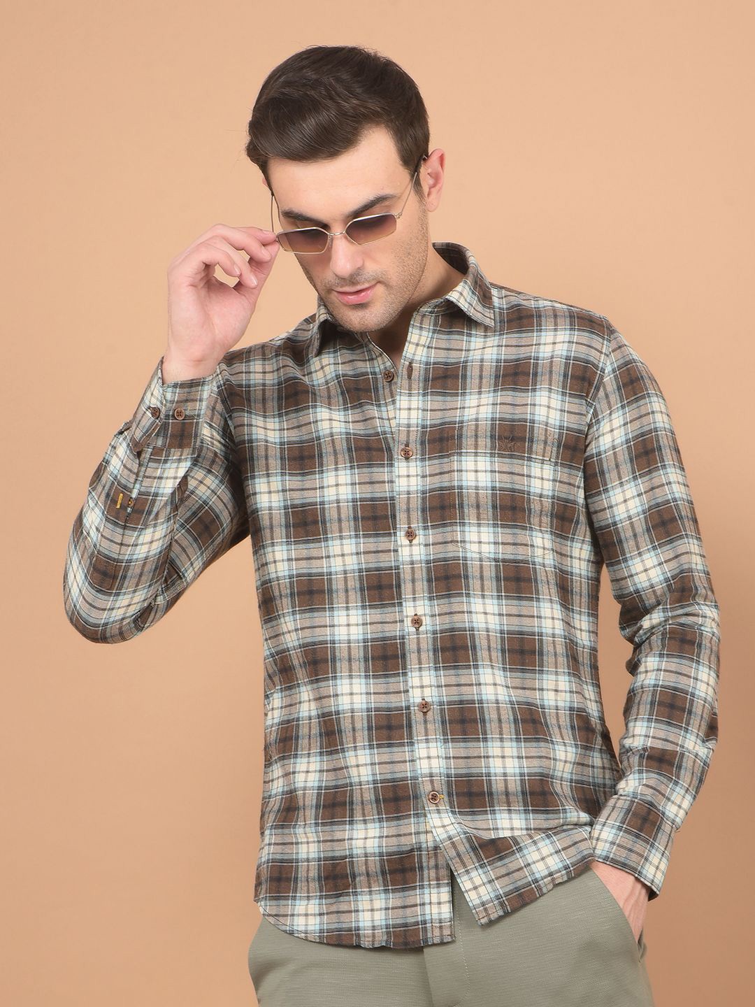 

Crimsoune Club Men Classic Spread Collar Tartan Checked Cotton Casual Shirt, Brown