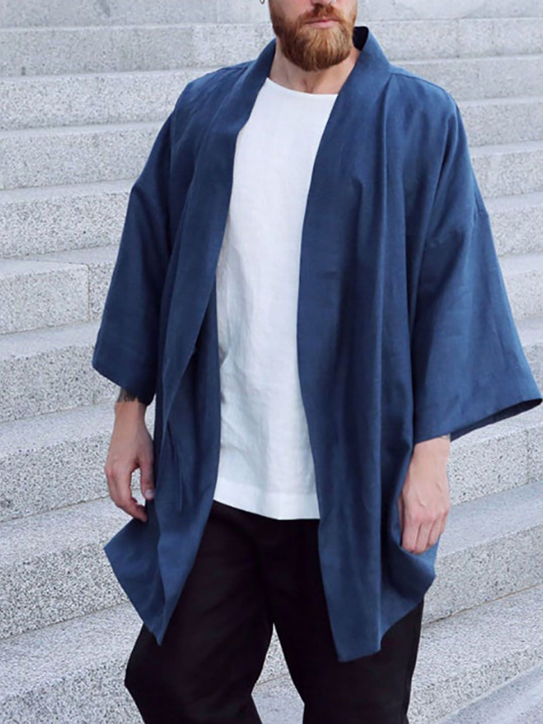 

StyleCast Men V Neck Belt Wrap Jacket Coat, Blue