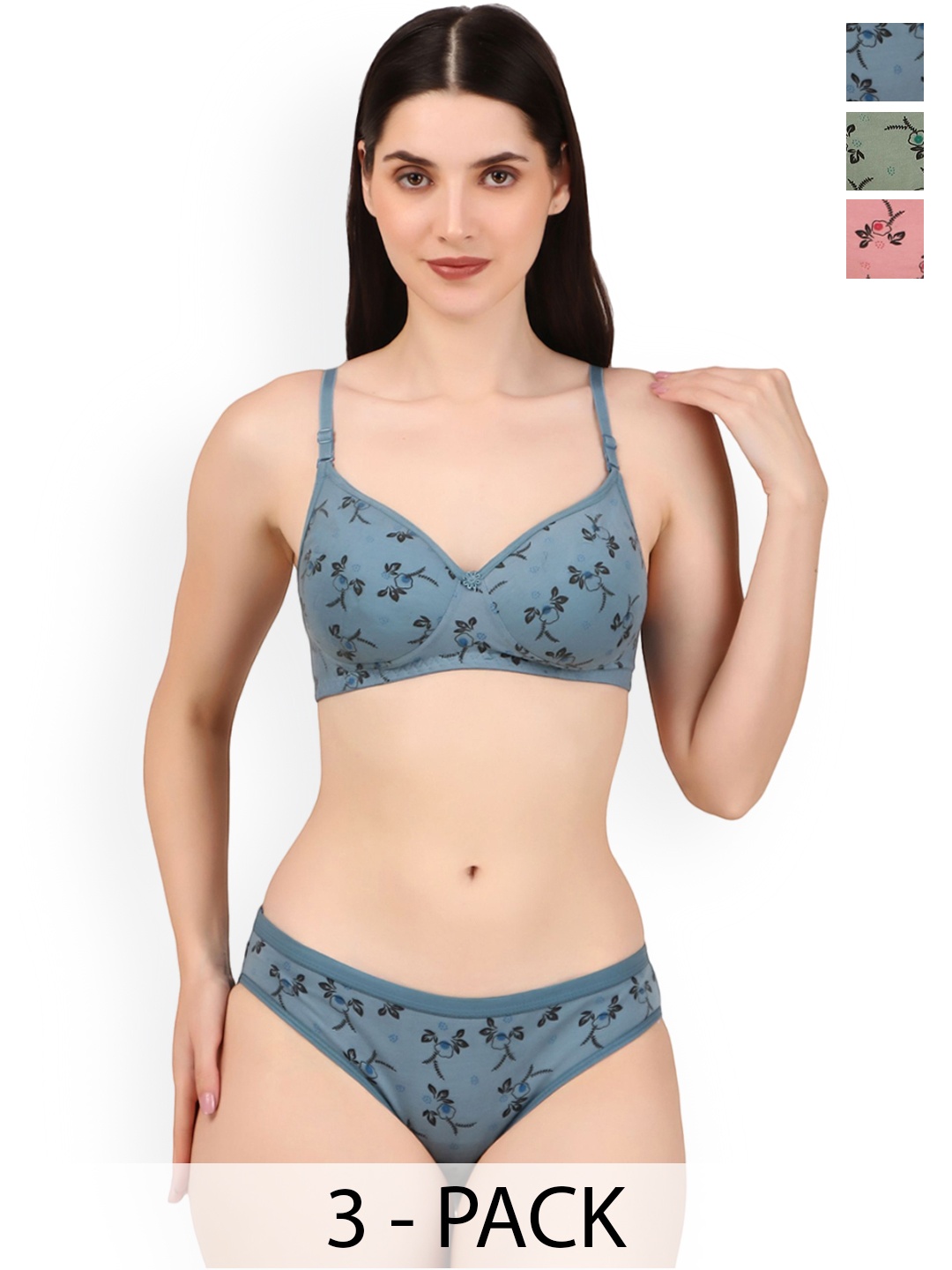 

Piylu Women Pack Of 3 Printed Lightly-Padded Lingerie, Green