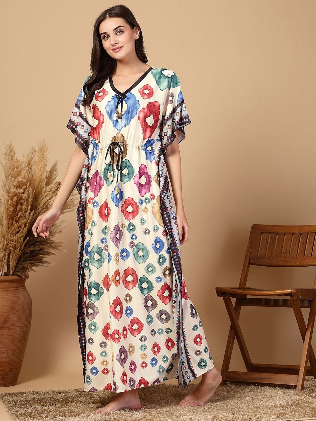 

FABINALIV Women Printed Maxi Nightdress, Beige