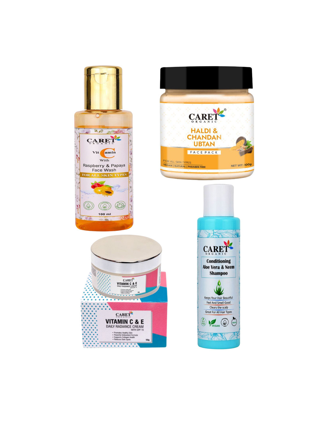 

CARET ORGANIC Set of 4 Face Wash, Radiance Cream, Aloevera Shampoo & Chandan Face Pack, White