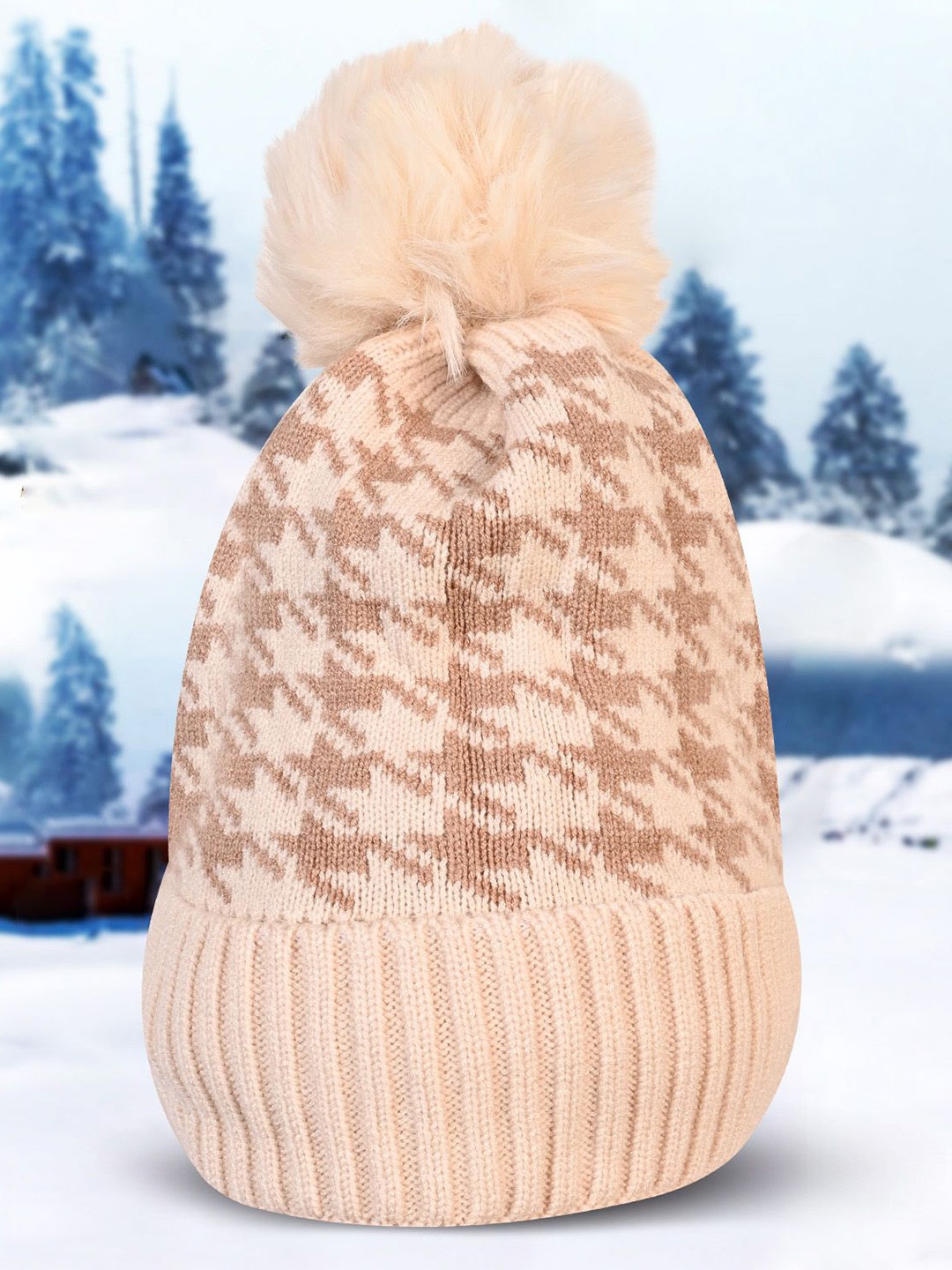 

LOOM LEGACY Women Printed Beanie Cap, Cream