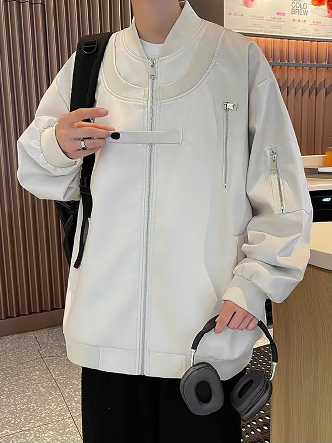 

StyleCast x Revolte Men Stand Collar Solid Casual Bomber Jacket, White