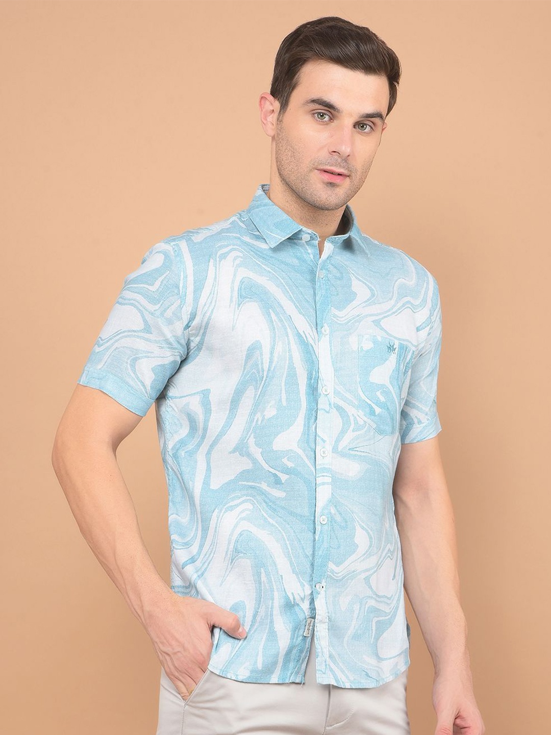 

Crimsoune Club Men Classic Cutaway Collar Abstract Printed Cotton Slim Fit Casual Shirt, Blue