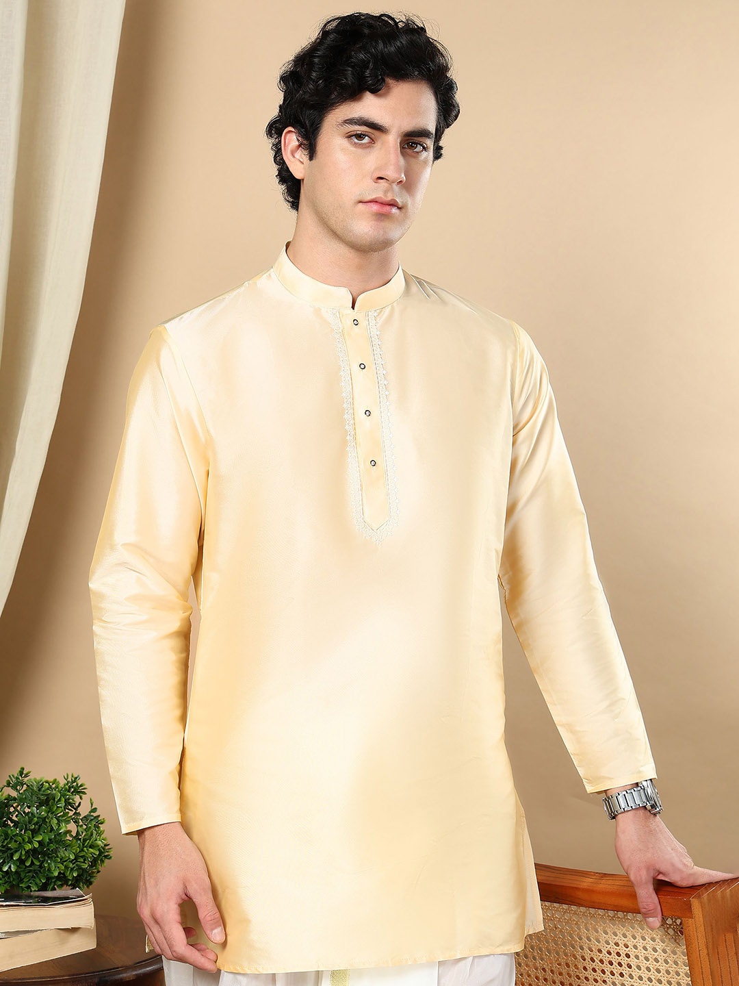 

TATTVA Mandarin Collar Long Regular Sleeves Regular Thread Work Straight Kurta, Beige