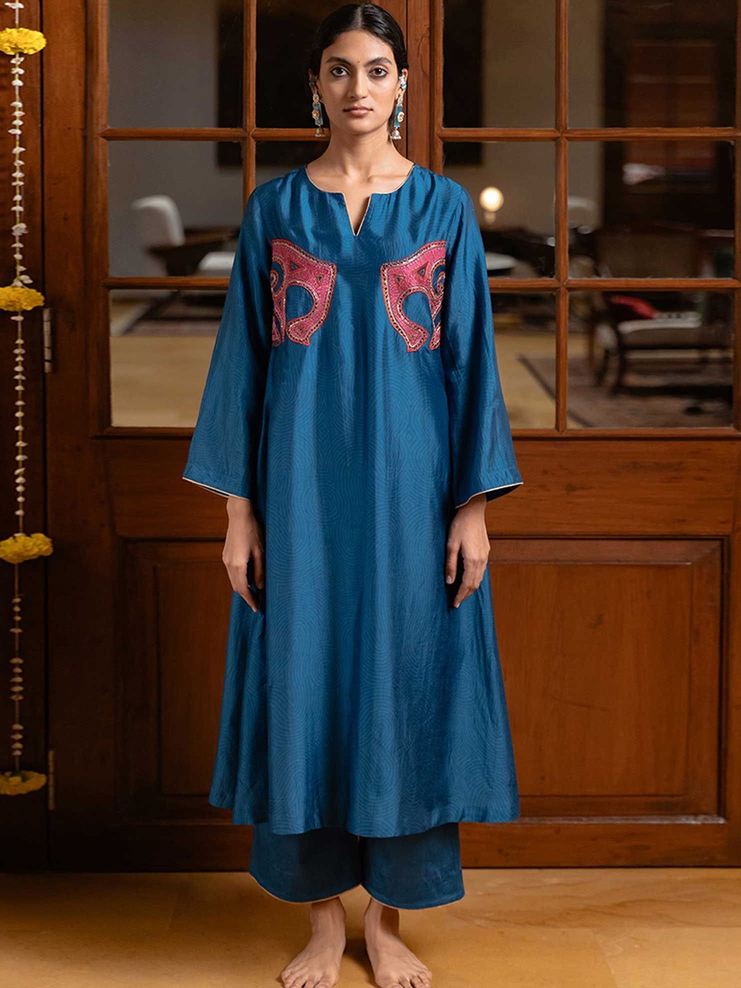 

Ganga Sequinned Raw Silk Anarkali Kurta With Palazzo, Blue