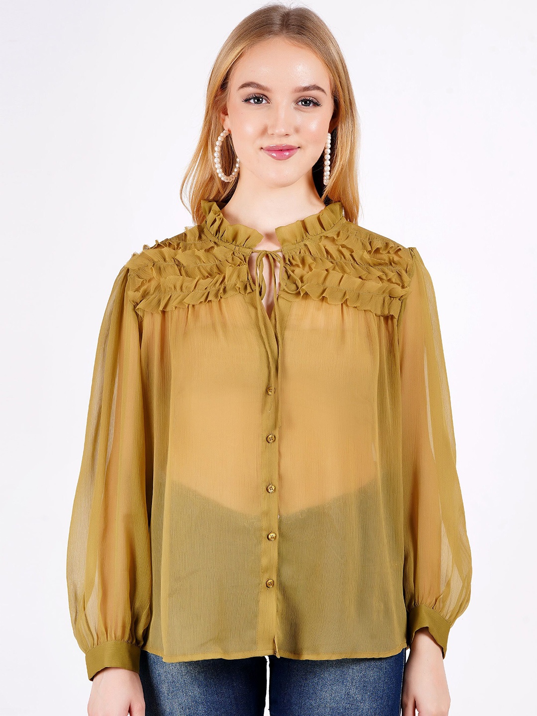 

MINGLAY Tie-Up Neck Shirt Style Top, Olive