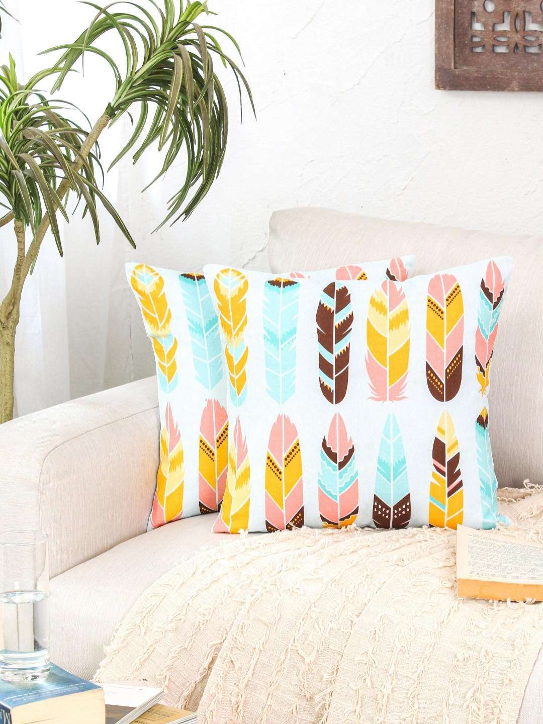 

HOMPRIN Blue & Yellow 2 Pieces Chromatic Plumage Printed Cotton Square Cushion Covers