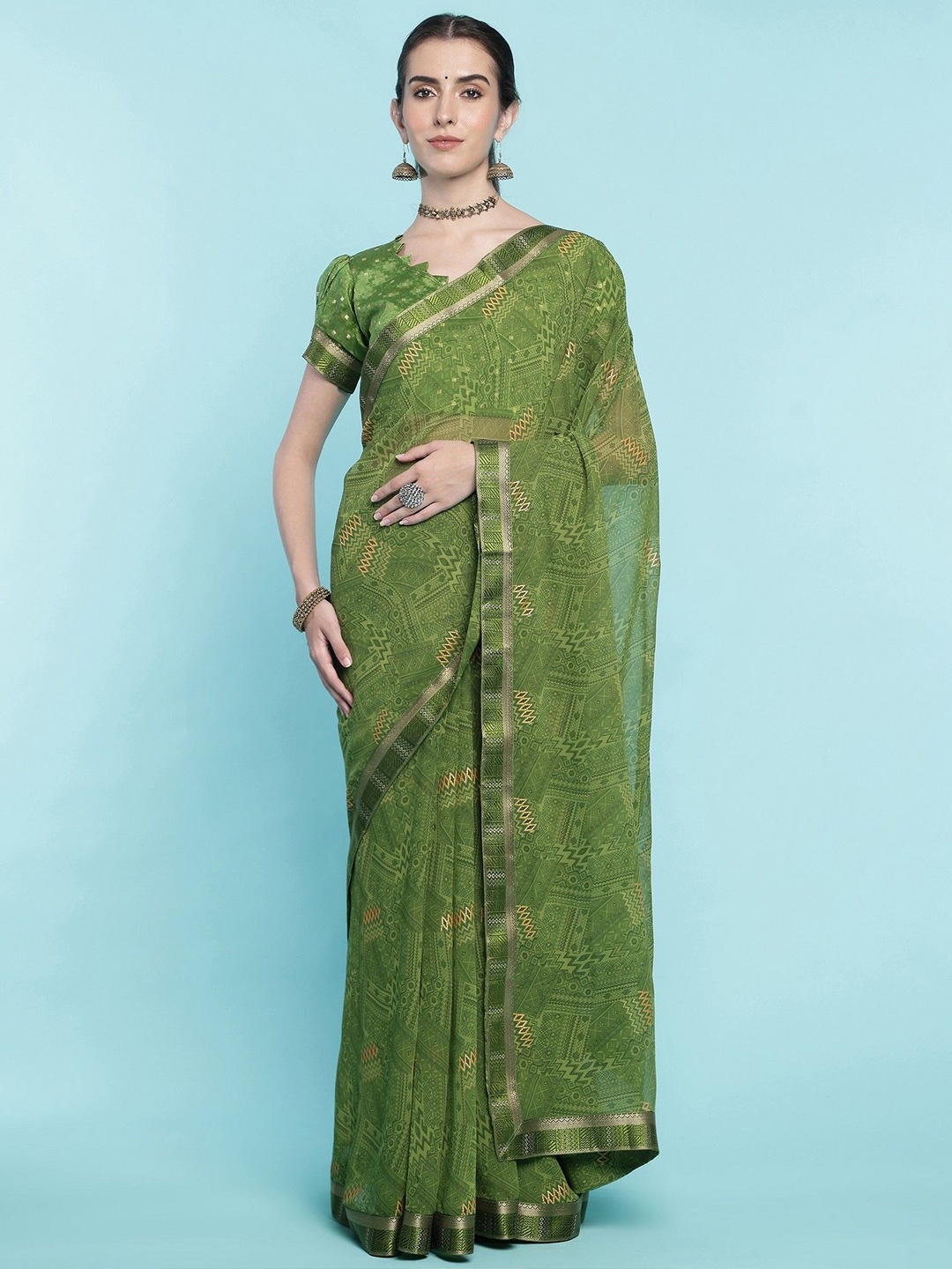 

DIVASTRI Ethnic Motifs Printed Zari Block Print Saree, Green