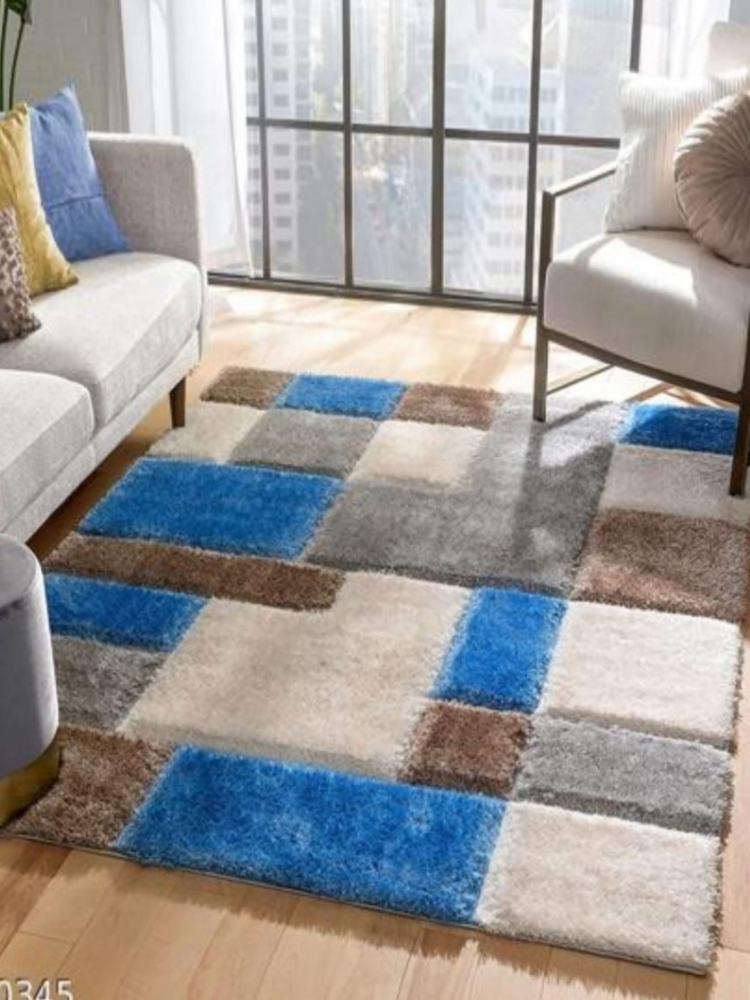 

Samjeeda Handloom carpets Blue & White Geometric Anti-Skid Woollen Carpet