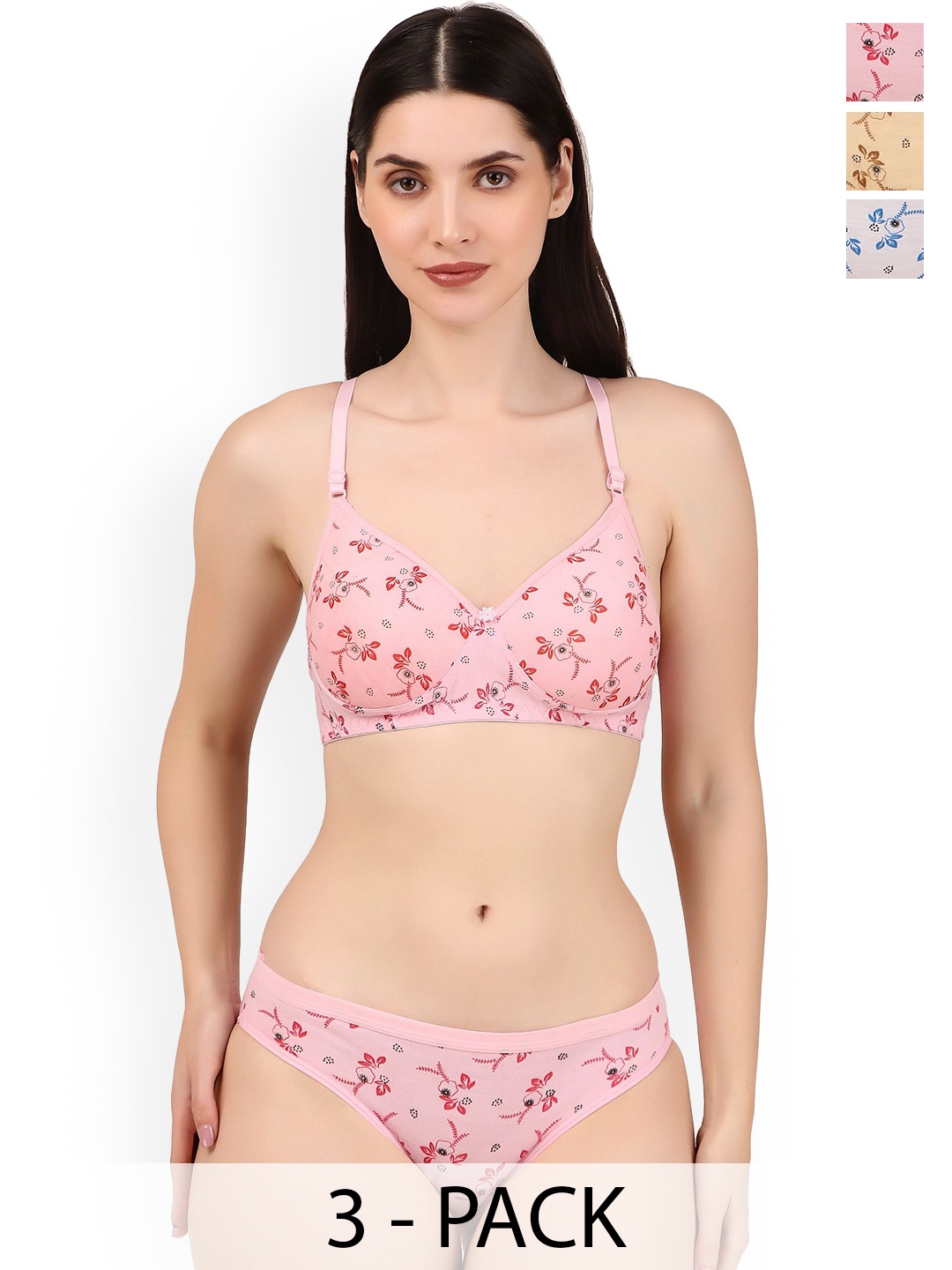 

Piylu Women Pack Of 3 Printed Lightly-Padded Lingerie Sets Set-Pari-CB3-28, Pink
