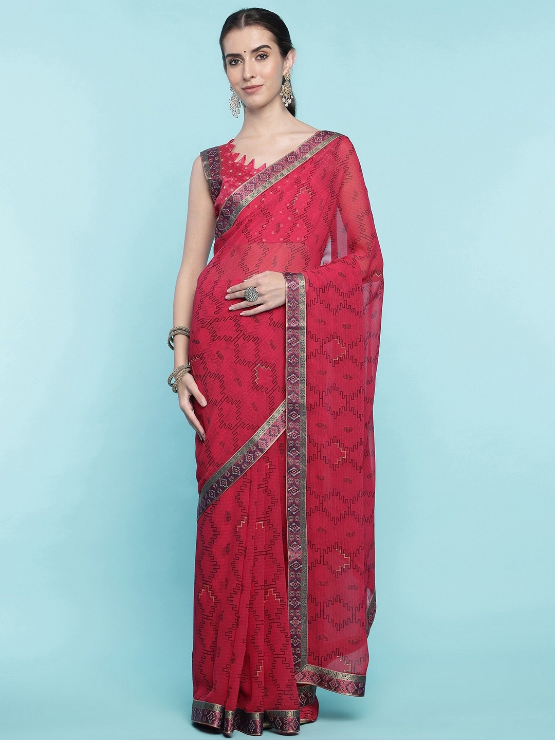 

DIVASTRI Ethnic Motifs Printed Block Print Saree, Pink