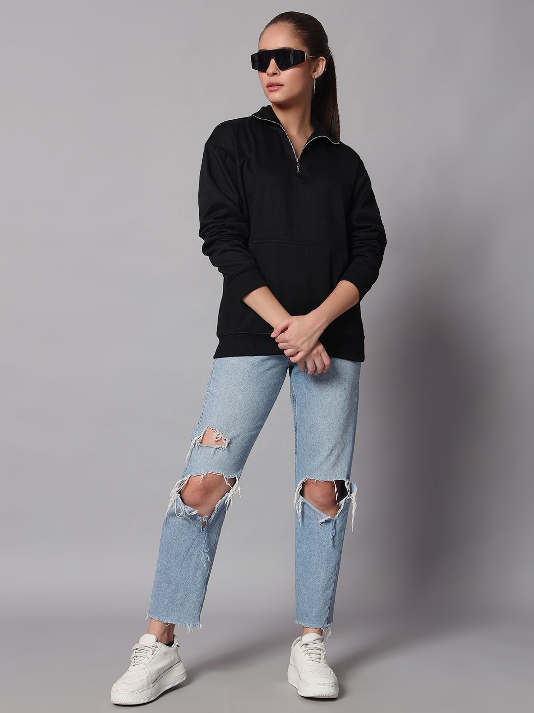 

Obaan Women Half Zipper Sweatshirt, Black