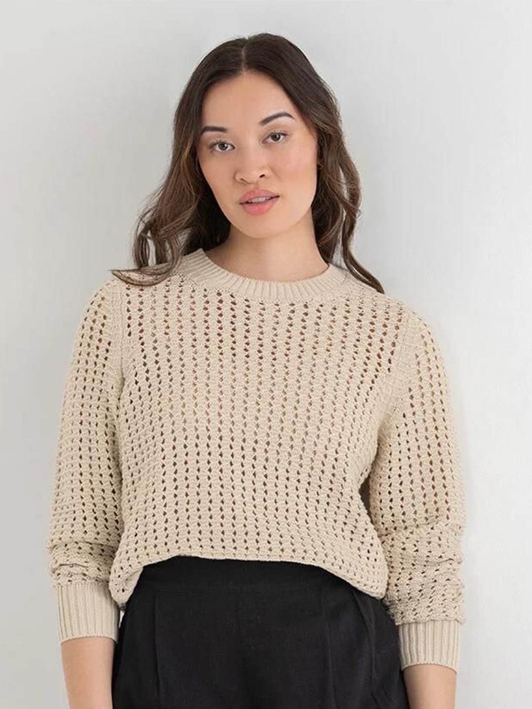 

Kotty Women Cotton Round Neck Long Sleeves Pullover Sweaters, Beige