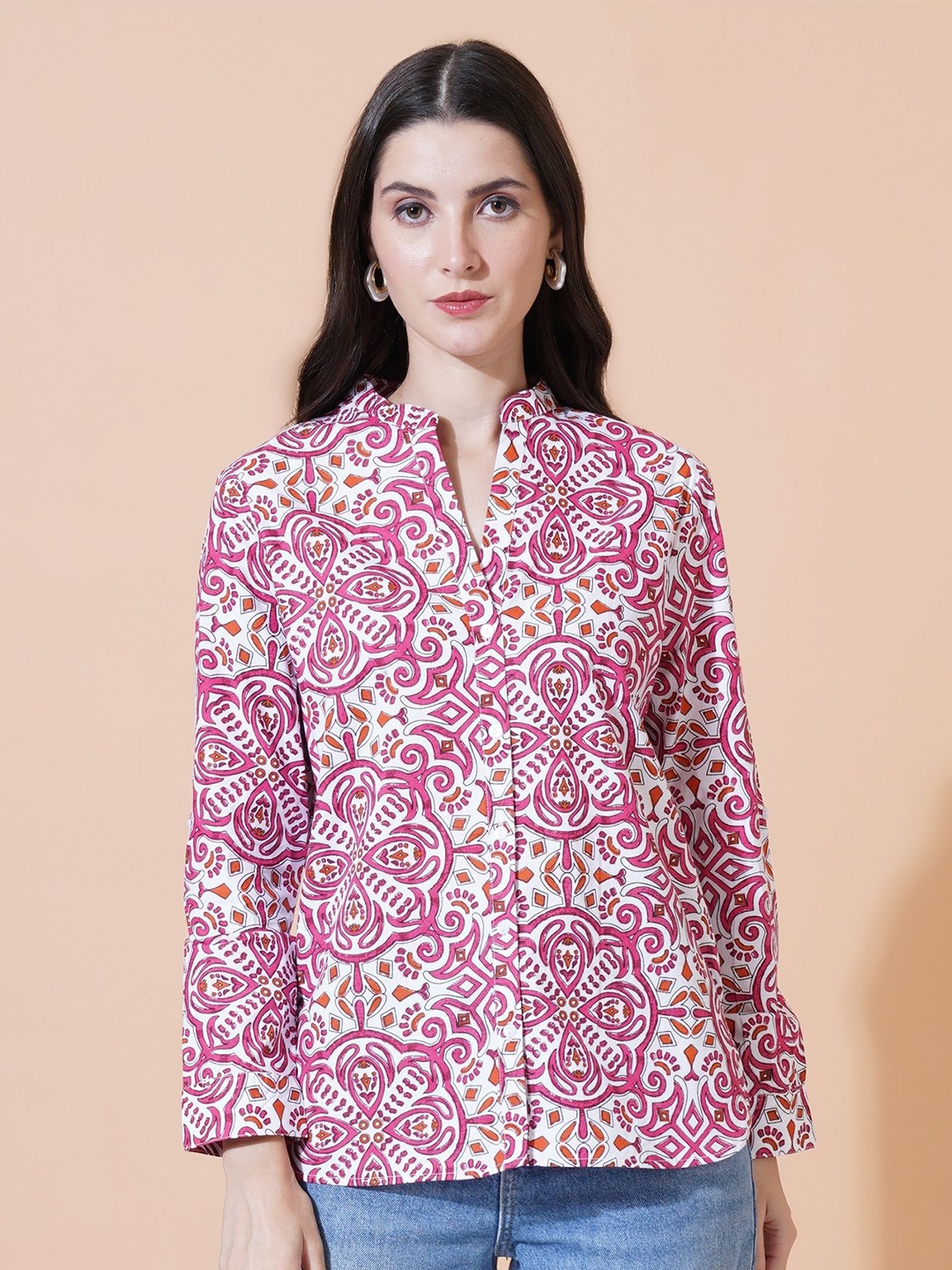 

Mast & Harbour Women Paisley Print Mandarin Collar Cotton Shirt Style Top, Magenta