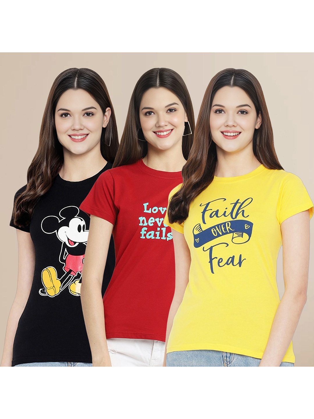 

Metronaut Women Pack Of 3 Typography Printed Round Neck Cotton Mickey Mouse T-shirts, Black