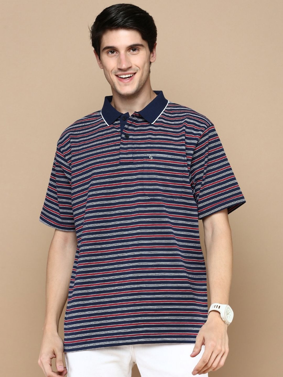 

Classic Polo Men Striped Polo Collar Cotton T-shirt, Navy blue