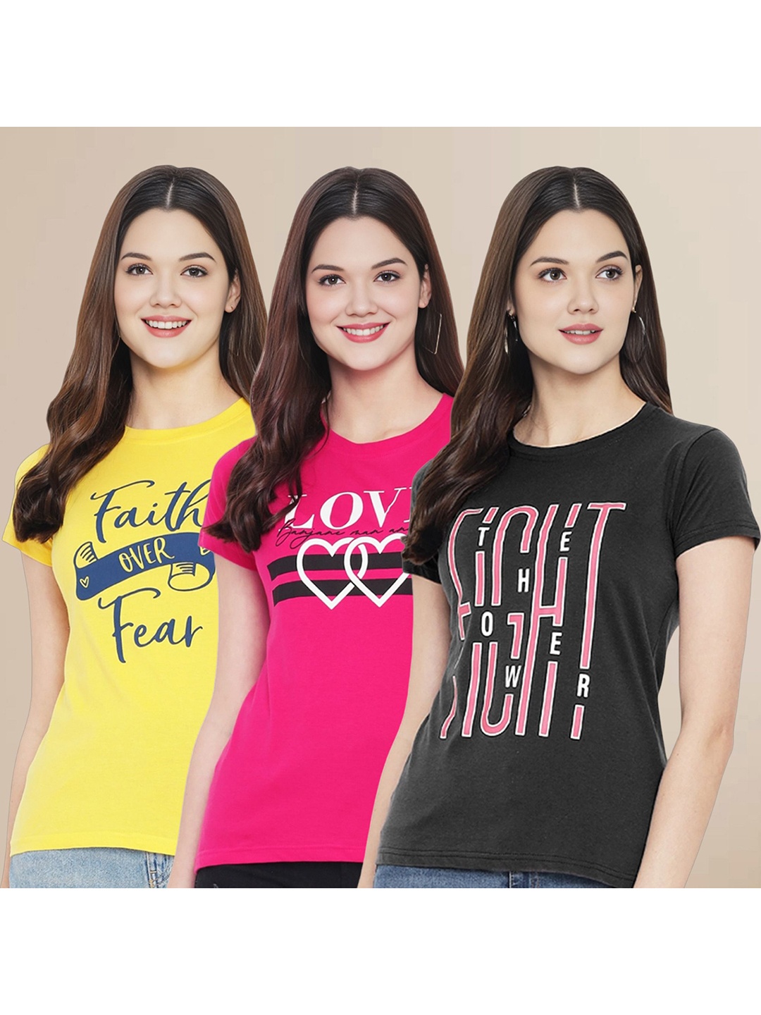 

Metronaut Women Pack Of 3 Typography Printed Round Neck Cotton T-shirts, Yellow